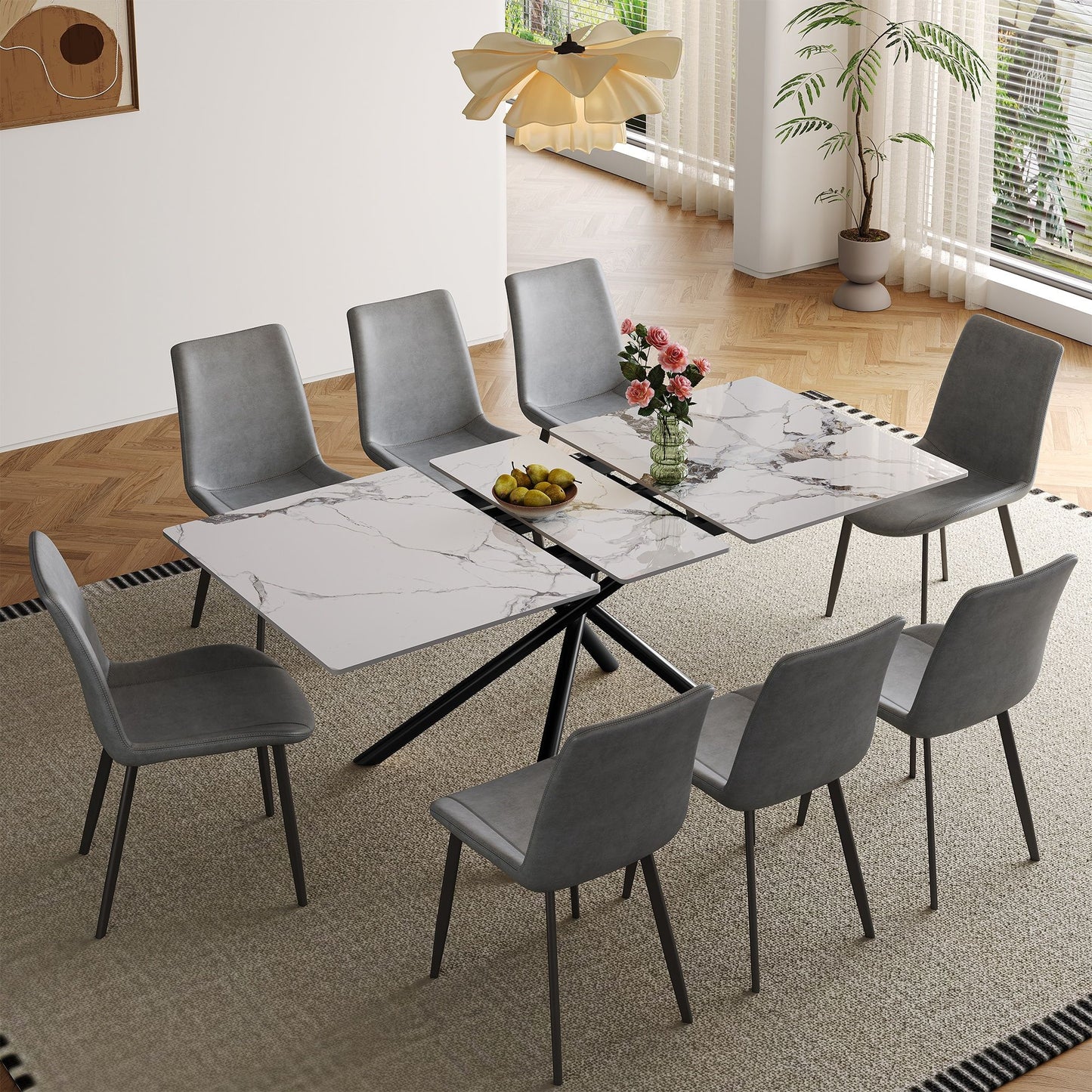 Modern Expandable Dining Table With Retractable Leaf With Chairs