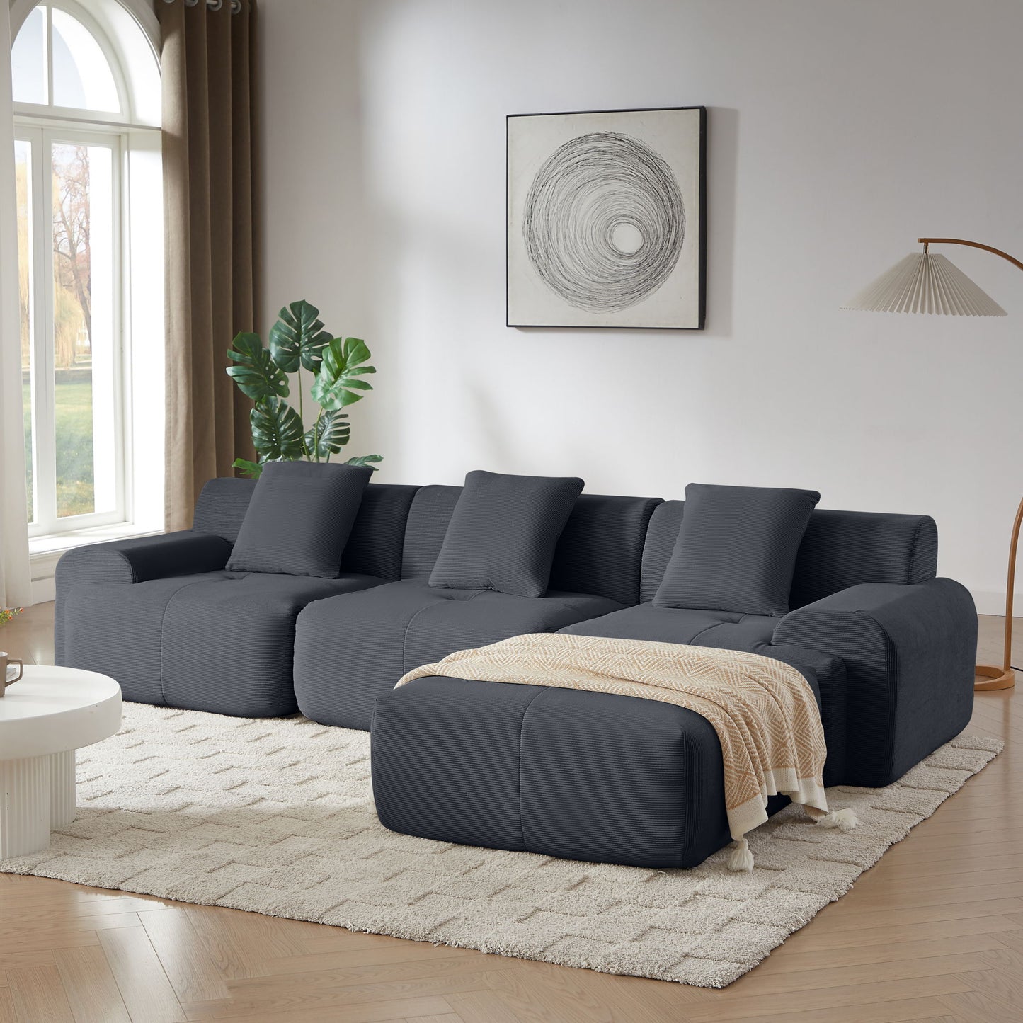 L Shaped Modular Sectional Sofa Corduroy And Movable Ottoman