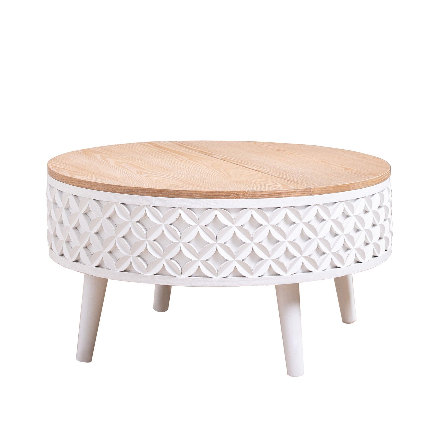 Round Coffee Table With Storage - White / Light Oak