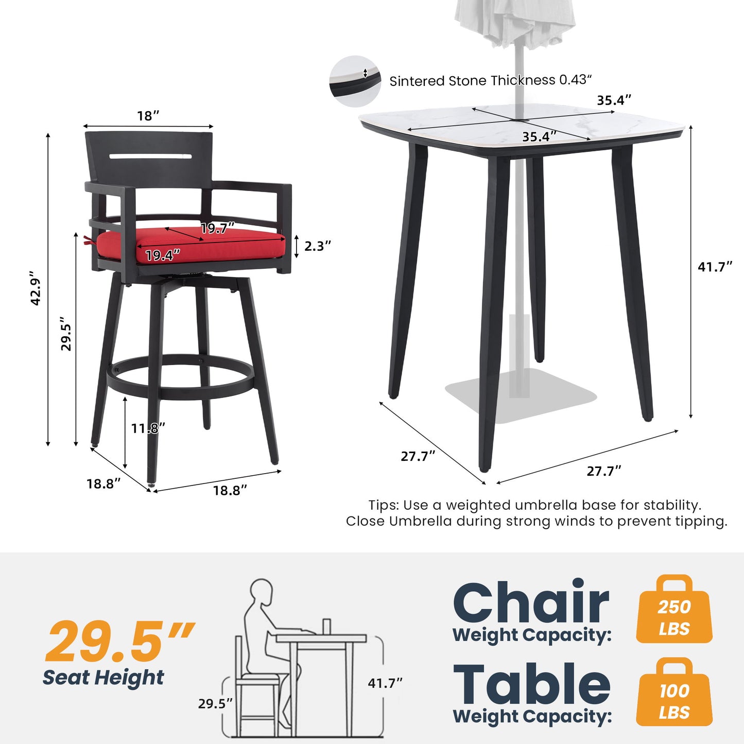 5 Pieces Outdoor Patio Bar Set, Rounded Square Sintered Stone Table & 4 Swivel Bar Chairs