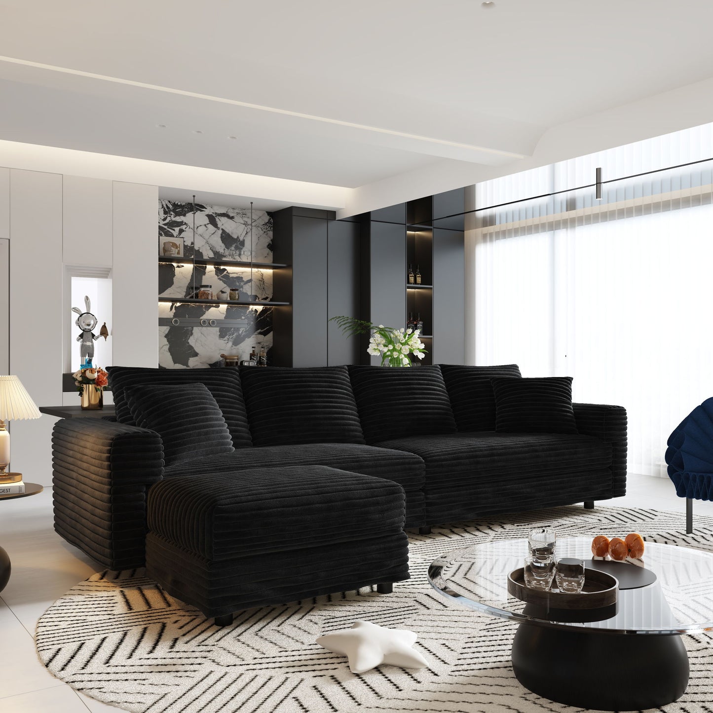 Deep Seat Convertible Sofa With Soft Pillows And Ottomans