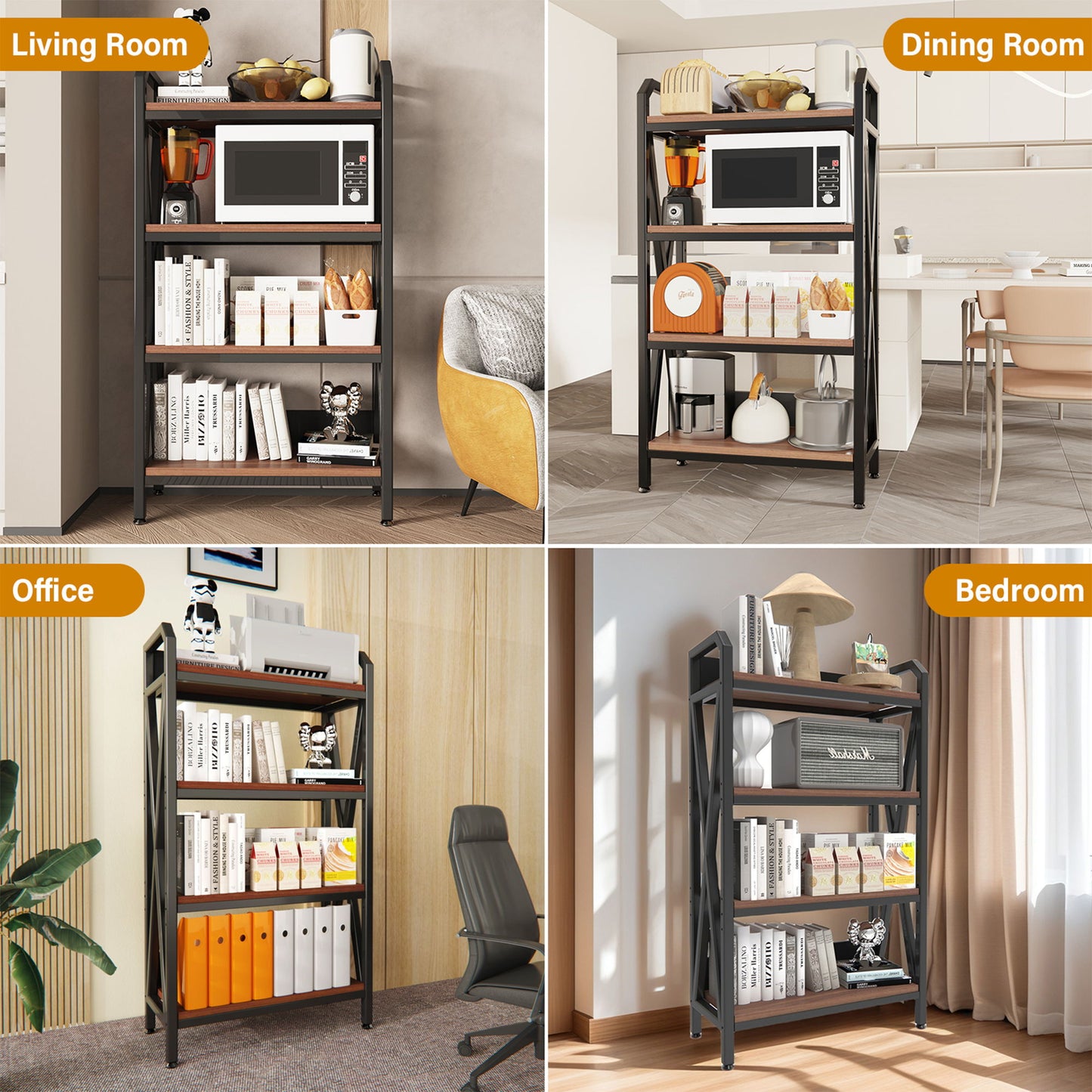 Bakers Rack Storage Shelves 4 Level Mental And Wooden Kitchen Shelves, Kitchen Organizers And Storage, For Garage, Pantry, Bathroom, Closet - Black / Black Brown