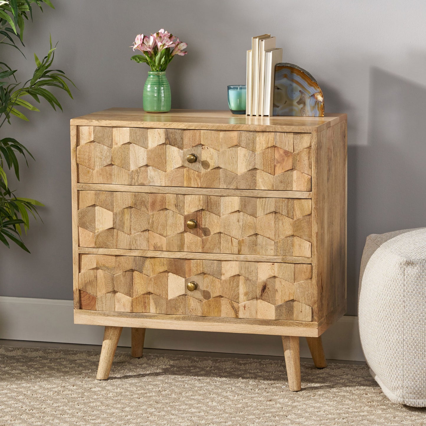 Mid Century Modern Mango Wood 3 Drawer Chest With 3D Tile Weave Design - Natural
