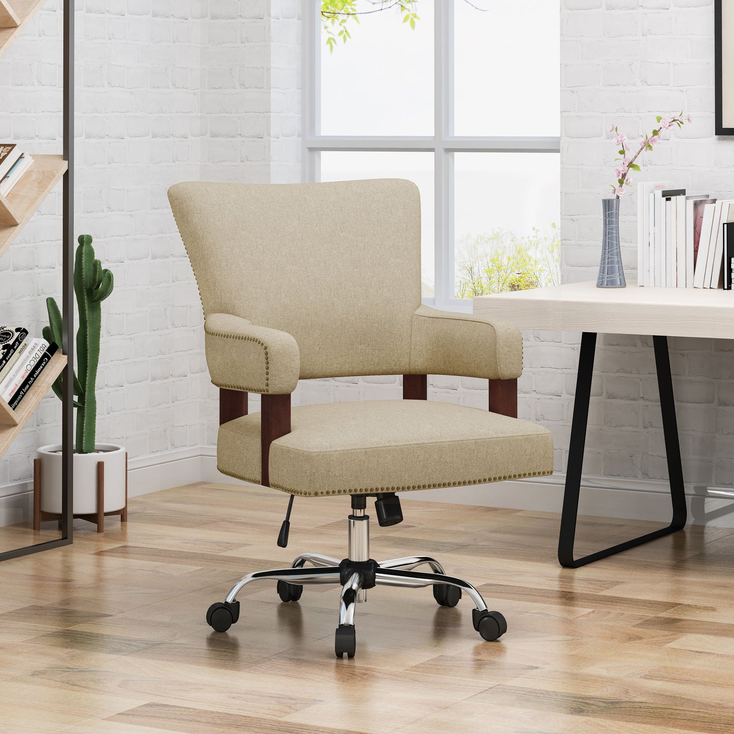 Zealous - Upholstered Office Chair With Curved Arms And Nailhead Accents - Wheat