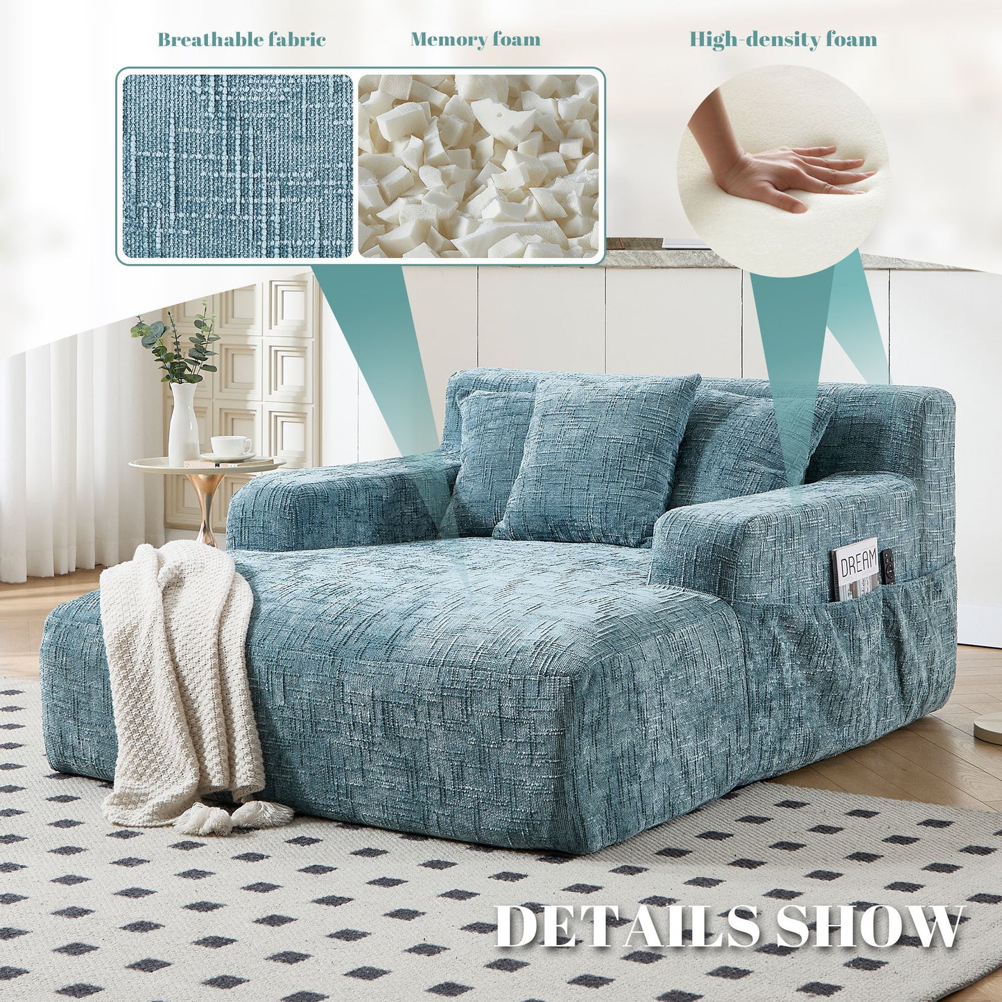 Chenille Interior Lazy Sofa Chaise Longue Armchair With 3 Pillows And Armrests