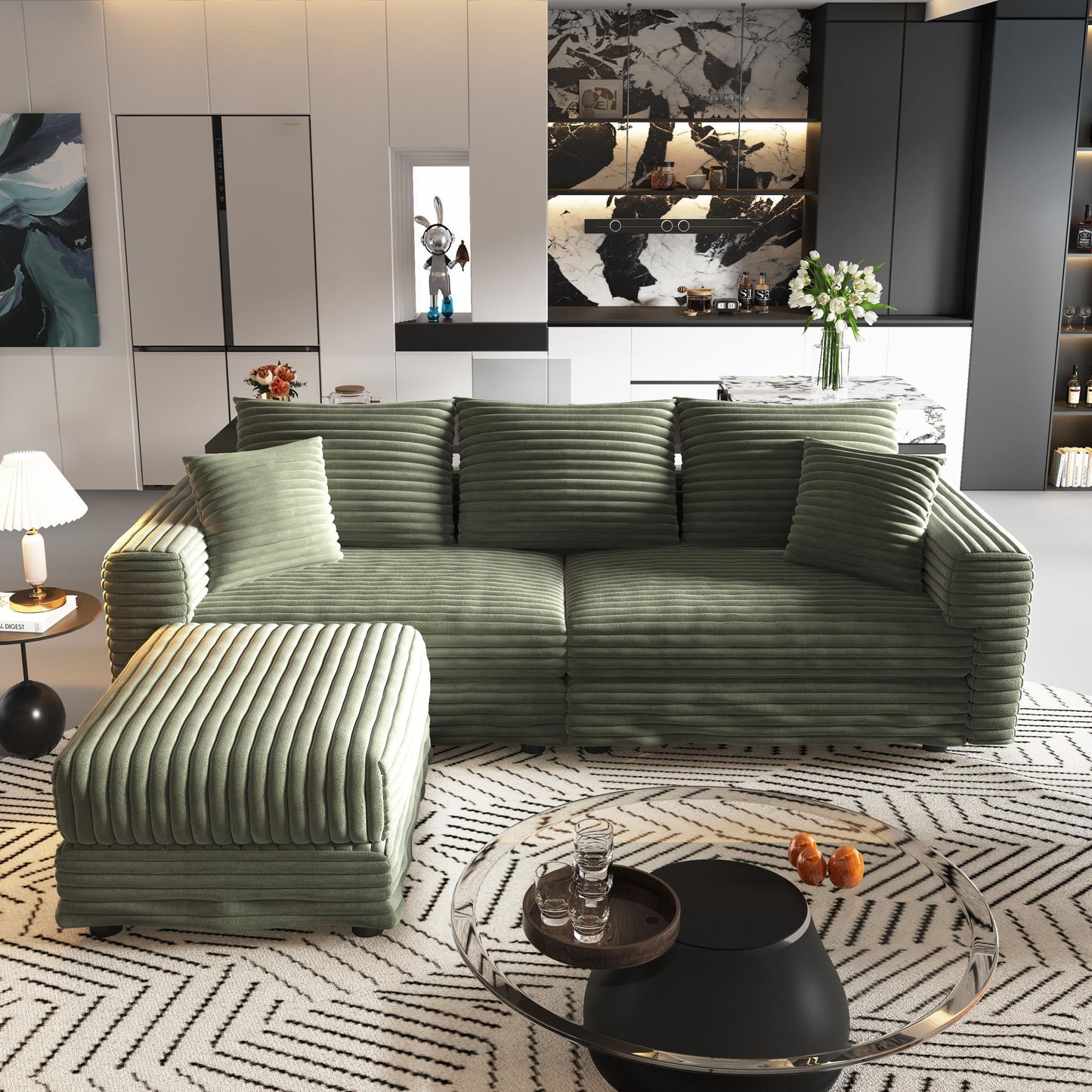 Deep Seat Convertible Sofa With Soft Pillows And Ottomans