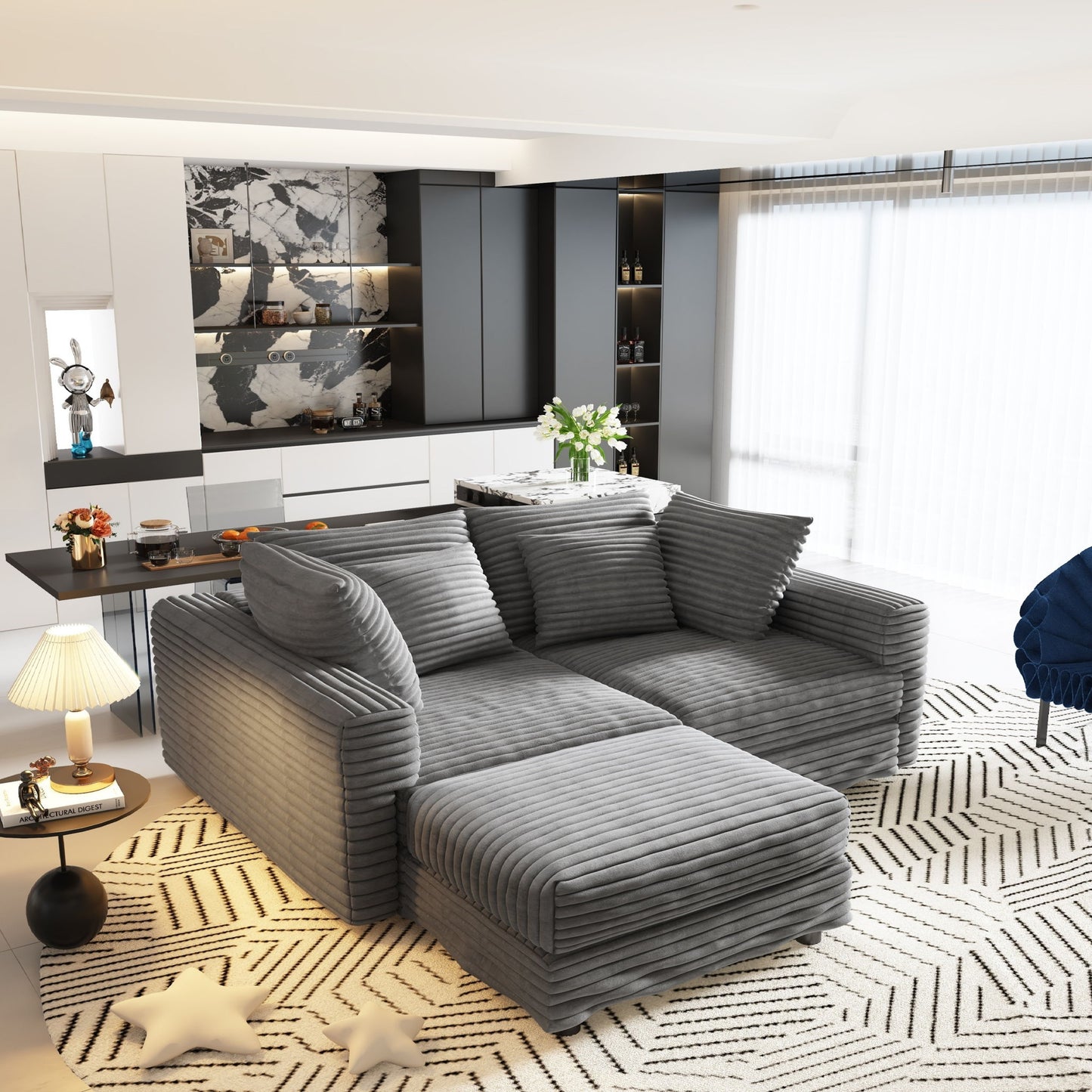 Plush Corduroy 4 Seat Sofa With Soft Pillows And Movable Ottoman