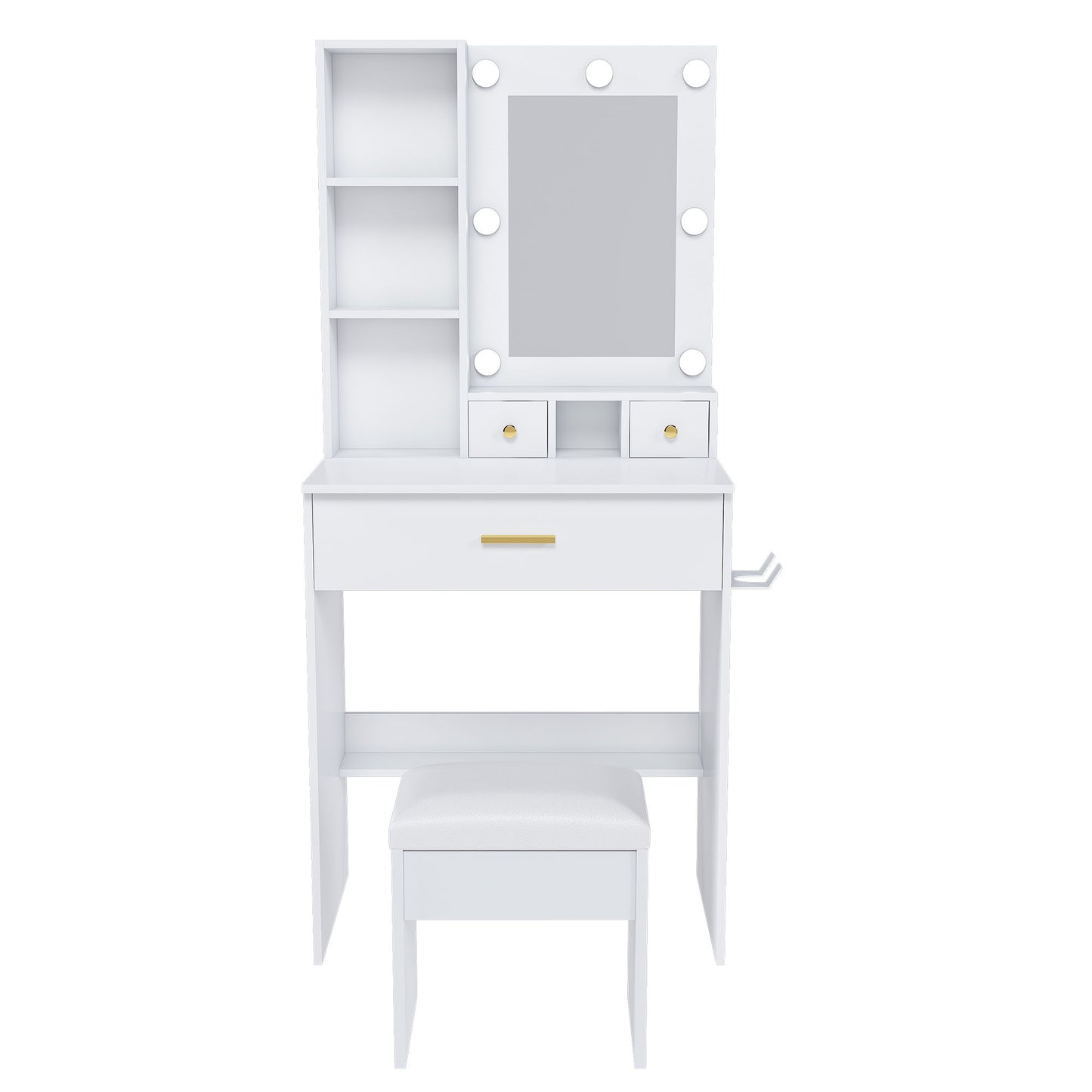 Vanity Table With Mirror, Adjustable LED Lights, Power Outlet, Hairdryer Holder & Stool