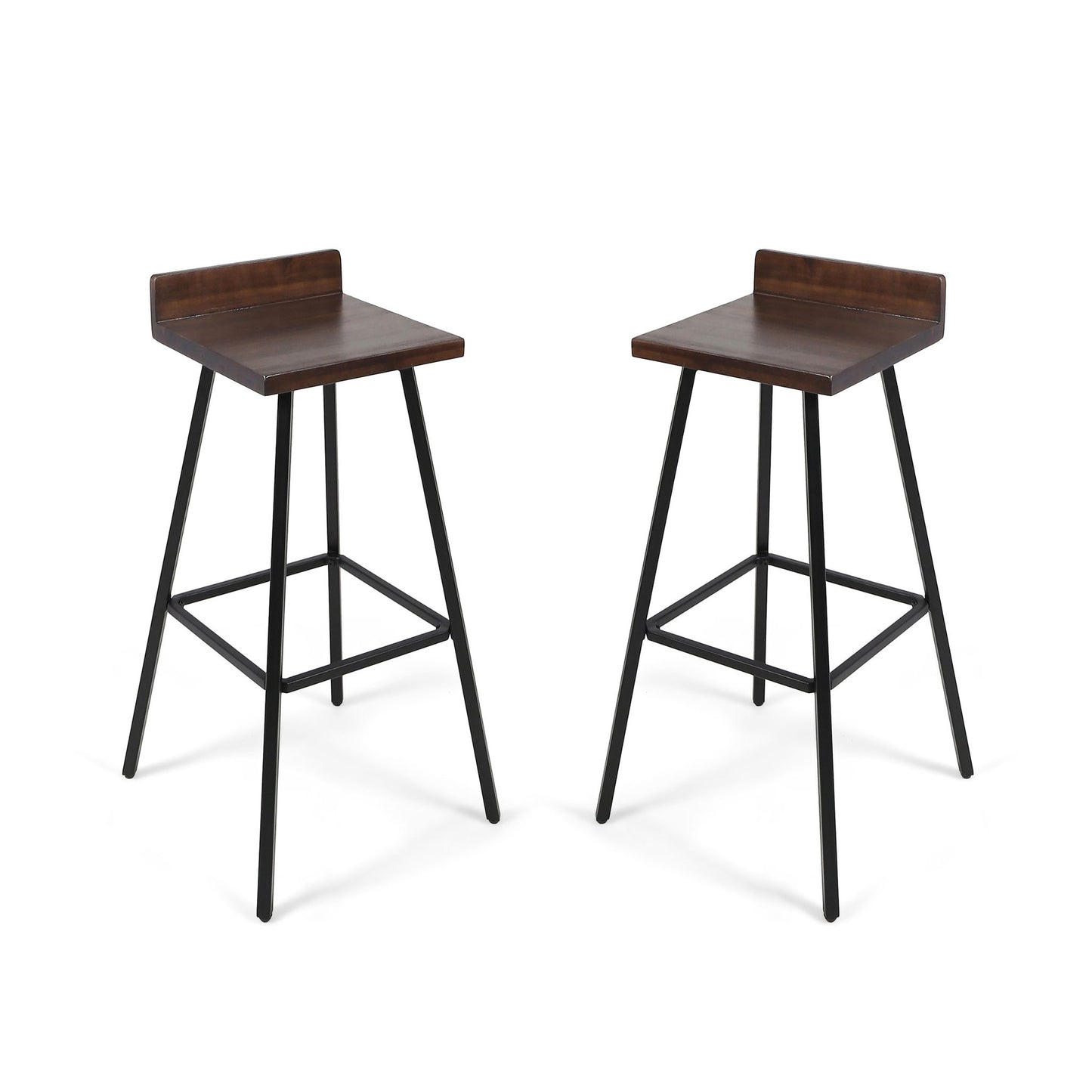 Outdoor Bar Stool With Low Backrests And Wood Seats (Set of 2) - Dark Brown / Black