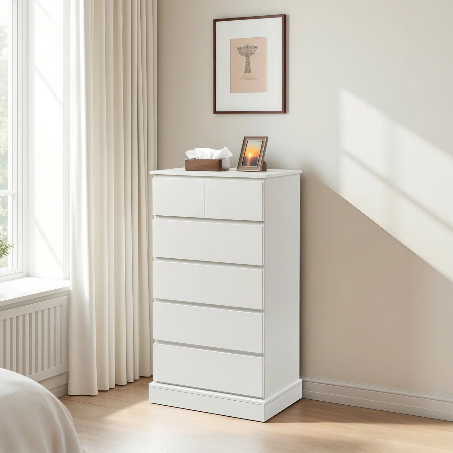 6 Drawer Tall Dresser With Concealed Handles, Vertical Storage Cabinet For Bedroom - White