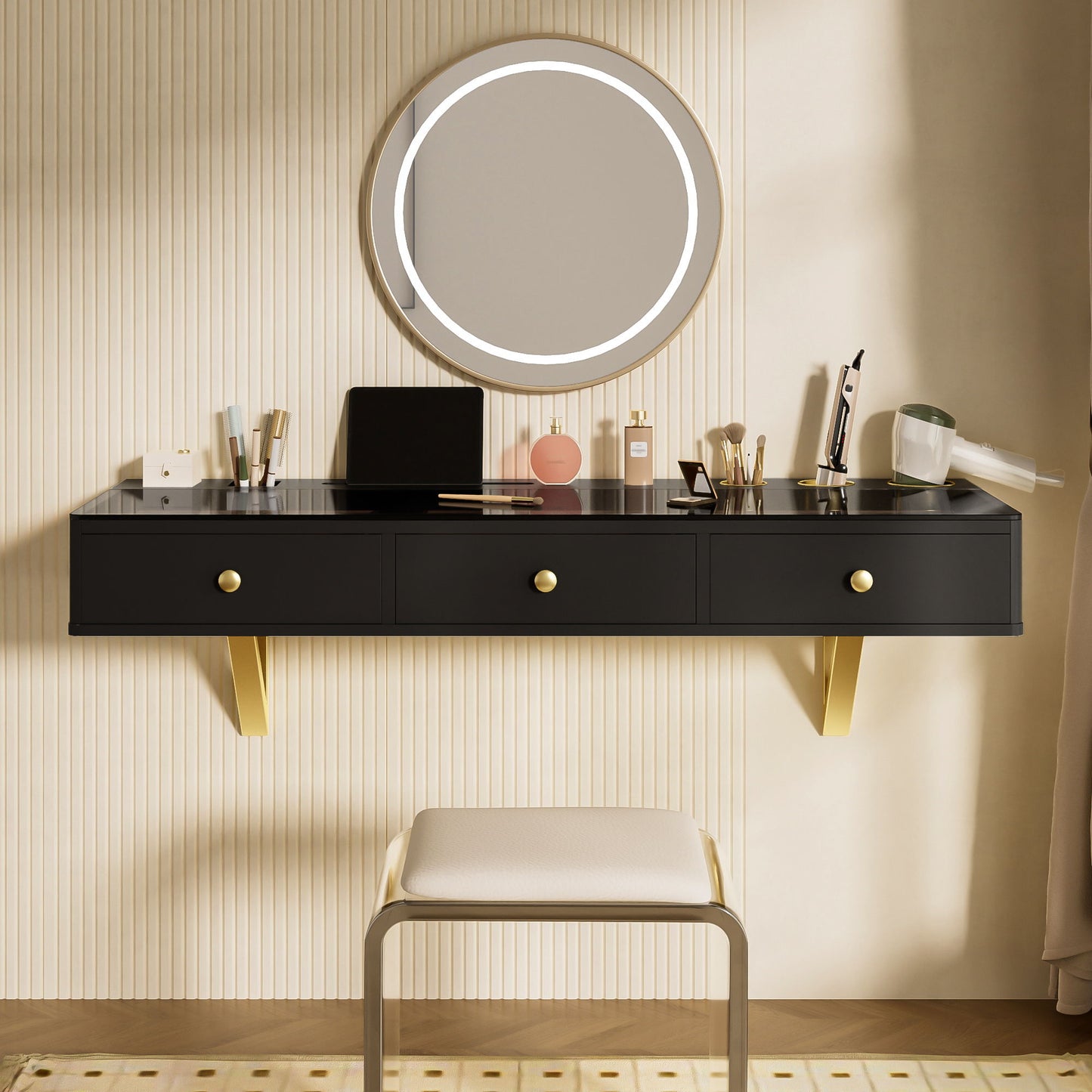 Floating Shelf With Drawer, Multi-Purpose Wall-Mounted Vanity Table, Mounted Desk, Floating Table For Bedroom, Bathroom, Hairdressers - Black / Golden