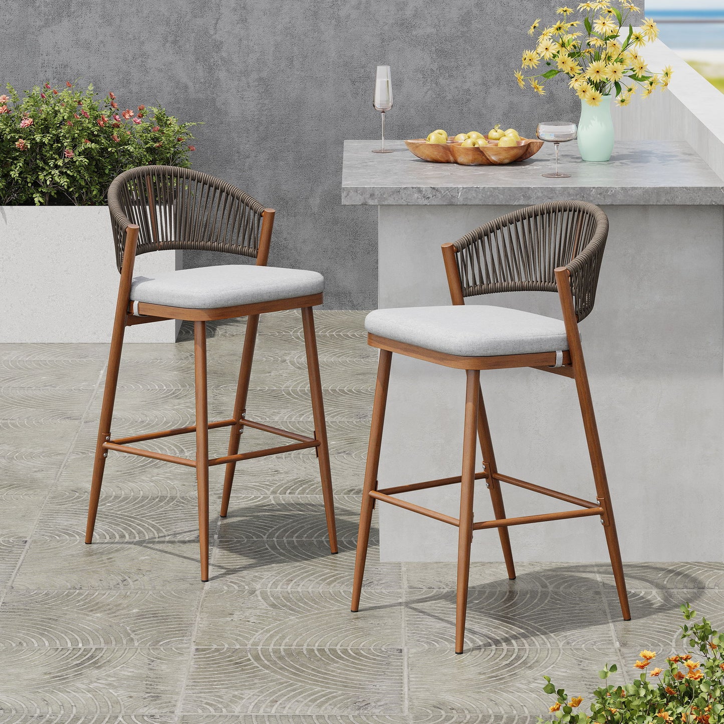 Outdoor Bar Height Metal Frame Counter Stools With Scallop Shaped Backrest & Water Resistant Cushions