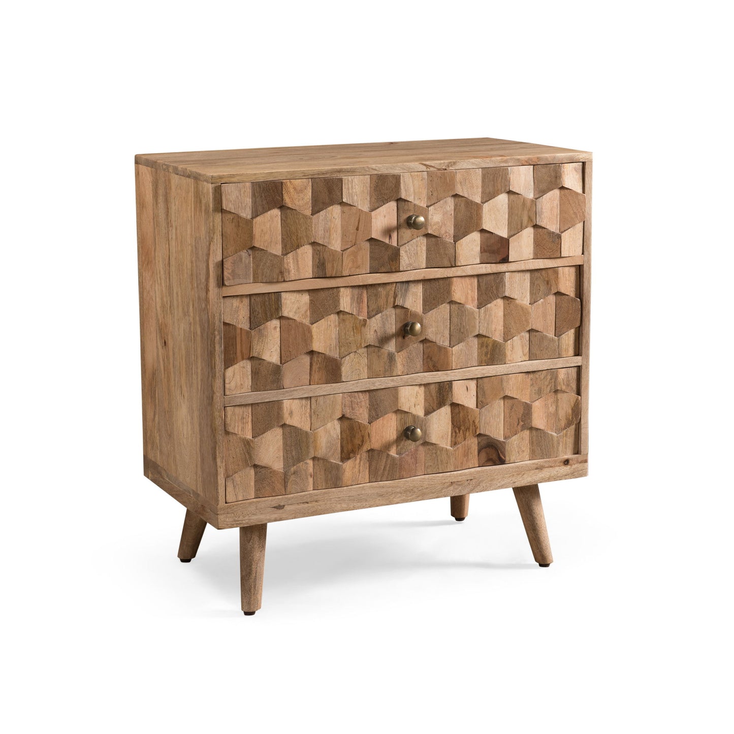 Mid Century Modern Mango Wood 3 Drawer Chest With 3D Tile Weave Design - Natural