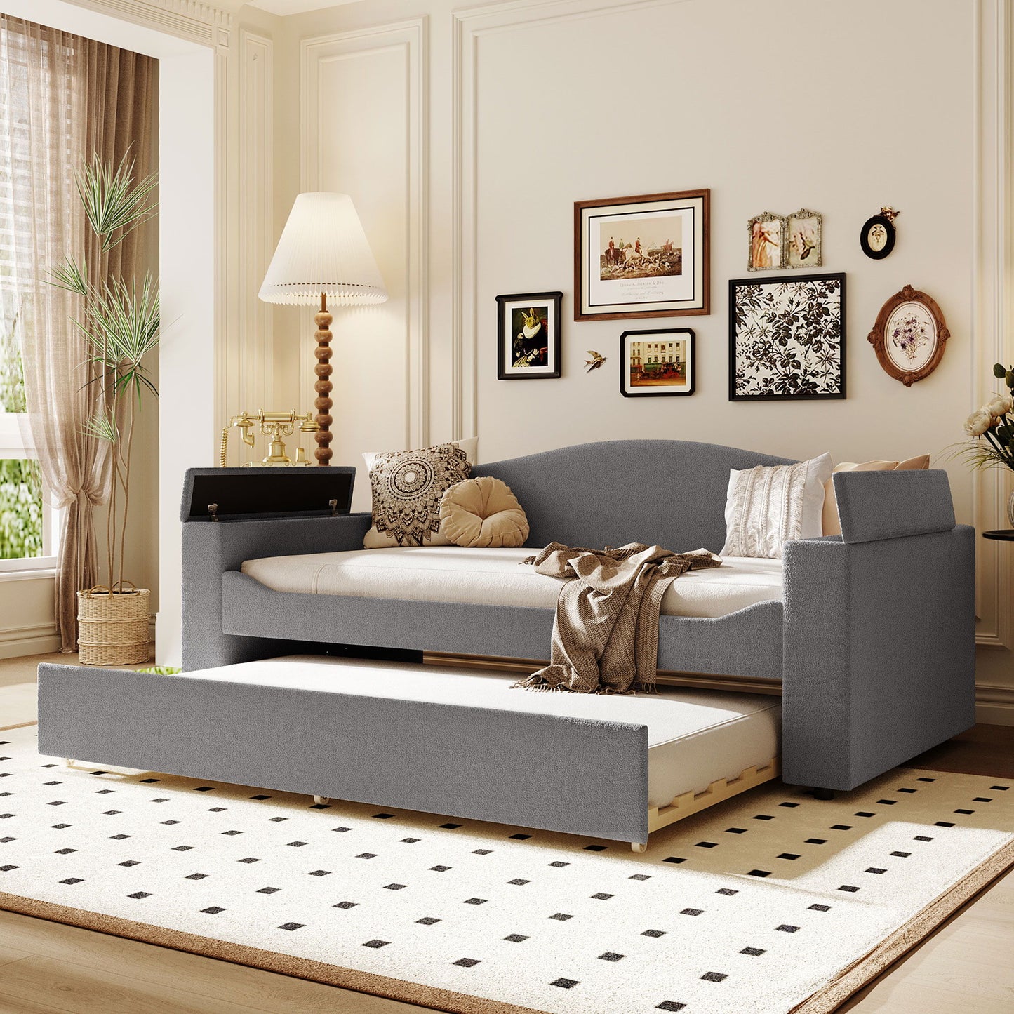Upholstered Daybed With Storage Armrests, Trundle And Latest Integrated Bluetooth Audio System
