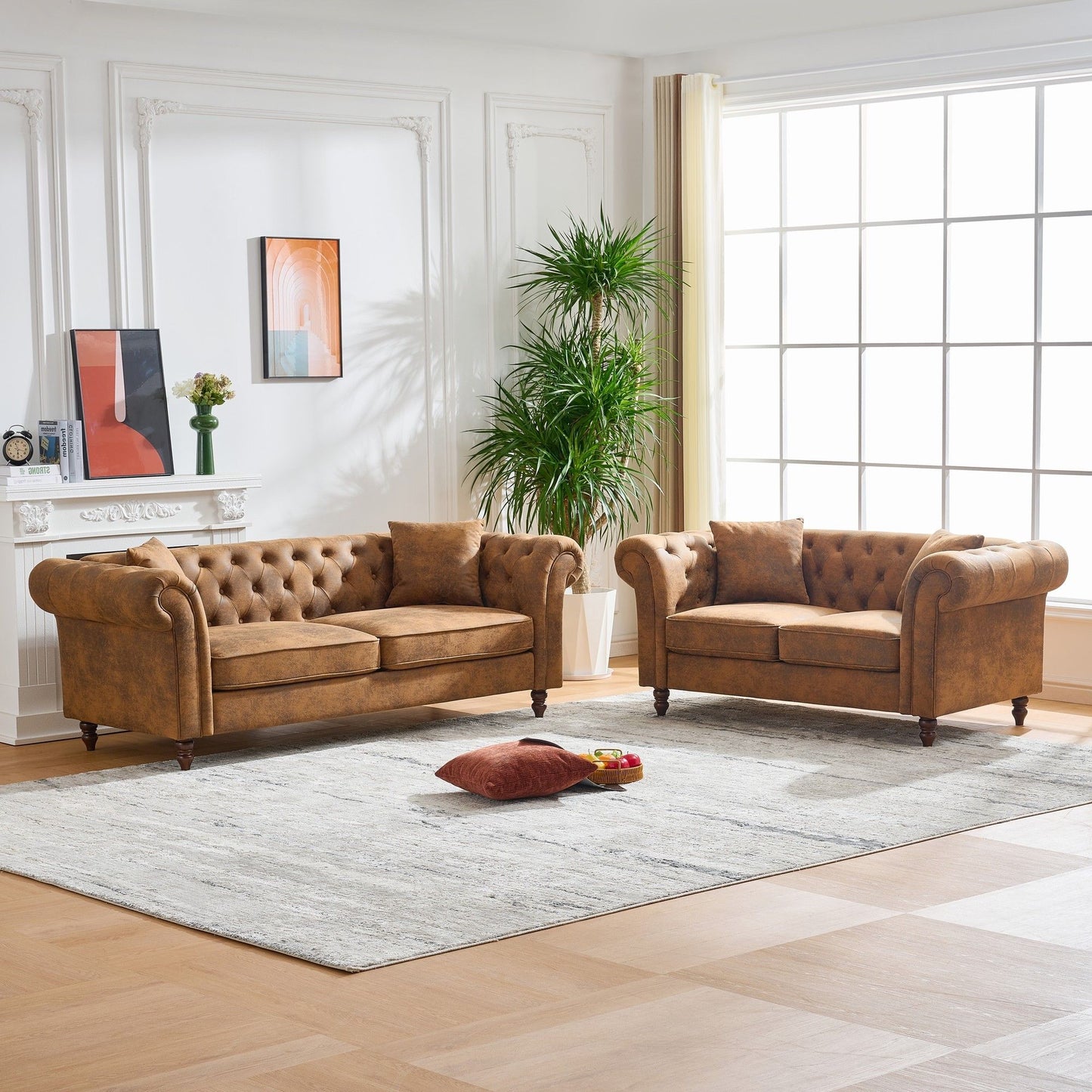 Chesterfield 3 And 2 Seater Sofa Set, High Tech Fabric Upholstered Couch For Living Room