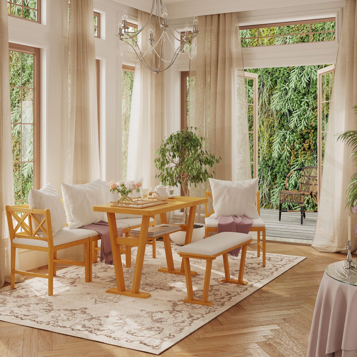 Farmhouse Solid Wood Dining Nook Set For 6, Space Saving High Top Corner Table With Bench & Chairs - Natural / White