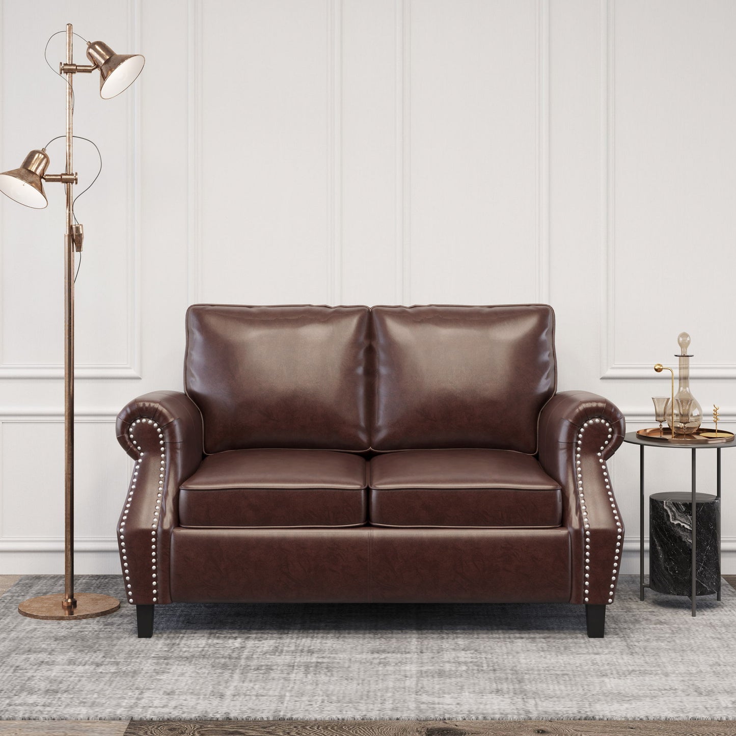 Contemporary Loveseat With Nailhead Trim - Dark Brown