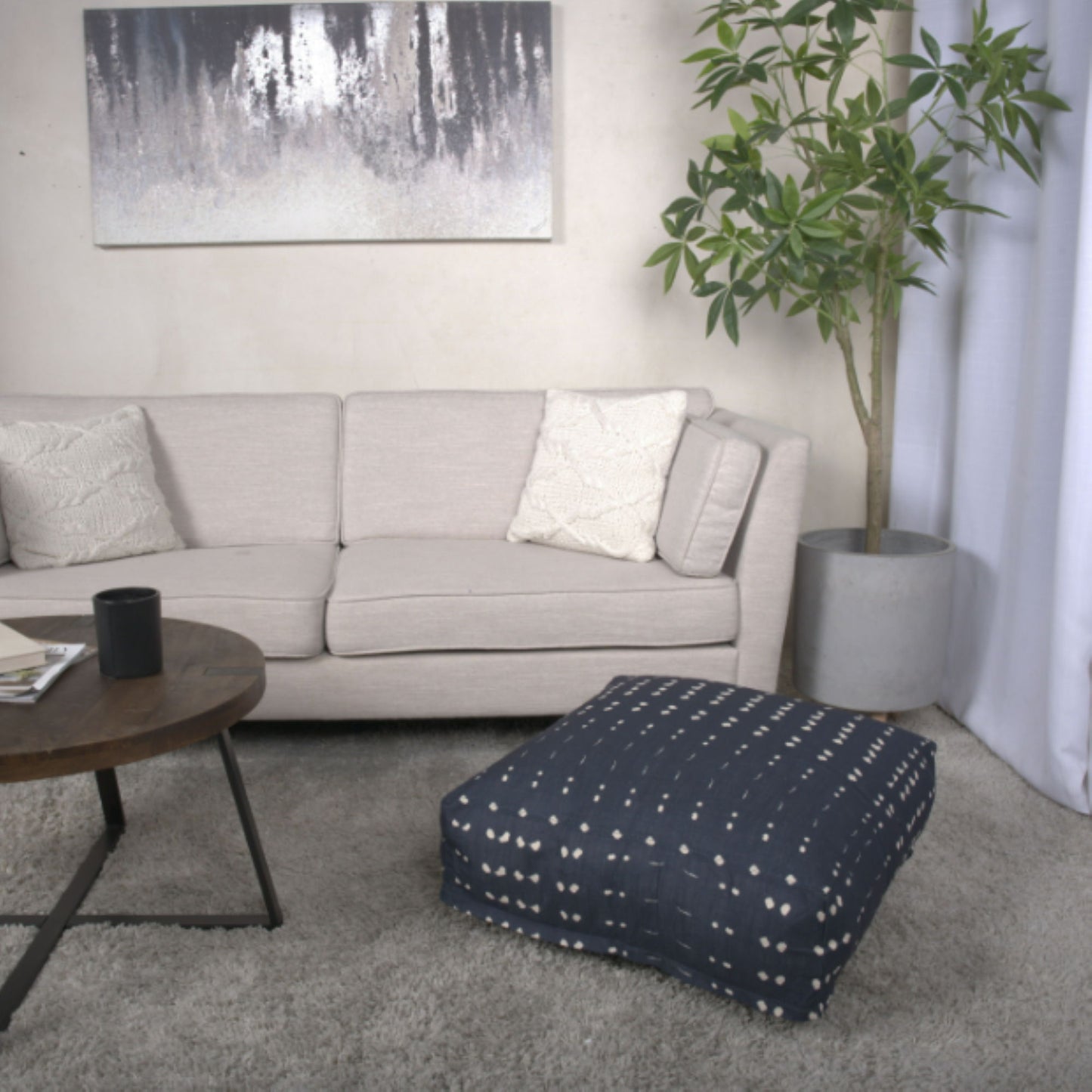 Dalm - Fabric Square Pouf Ottoman With Polystyrene Beads Filling - Dark Blue / White