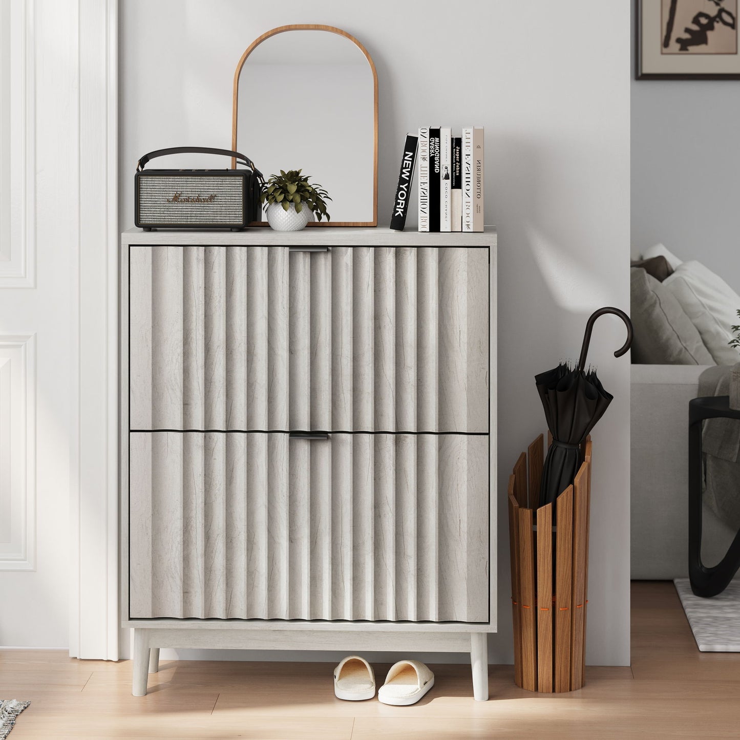Shoe Cabinet With 2 Flip Drawers, Fluted Shoe Storage Cabinet For Entryway, Free Standing Shoe Storage Organizer With Wave Doors For Heels, Boots, Slippers In Hallway, Living Room - Gray