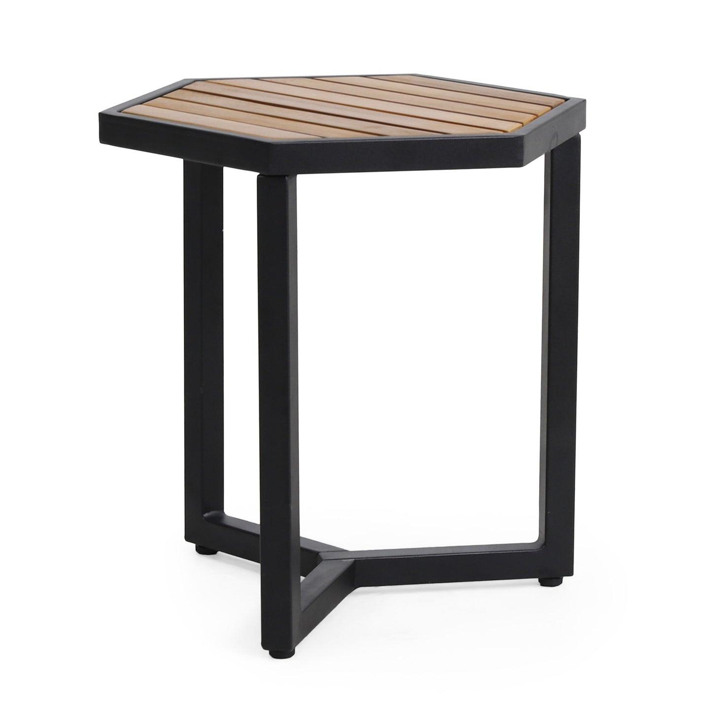 Outdoor Side Table With Iron Base And Slatted Top - Brown
