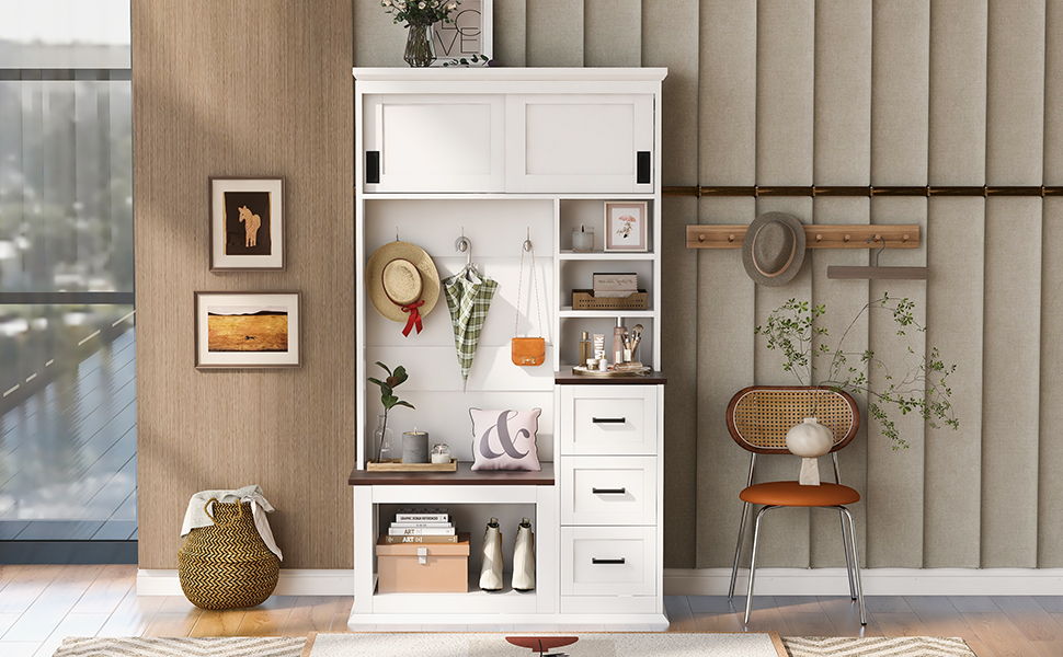 Modern Wide Hall Tree With Coat Rack, 3 Shelves And Drawers, 3 Sturdy Hooks