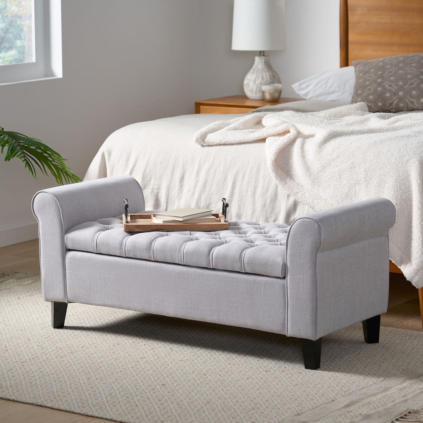 Hayes - Contemporary Armed Storage Bench With Button Tufting And Rolled Arms