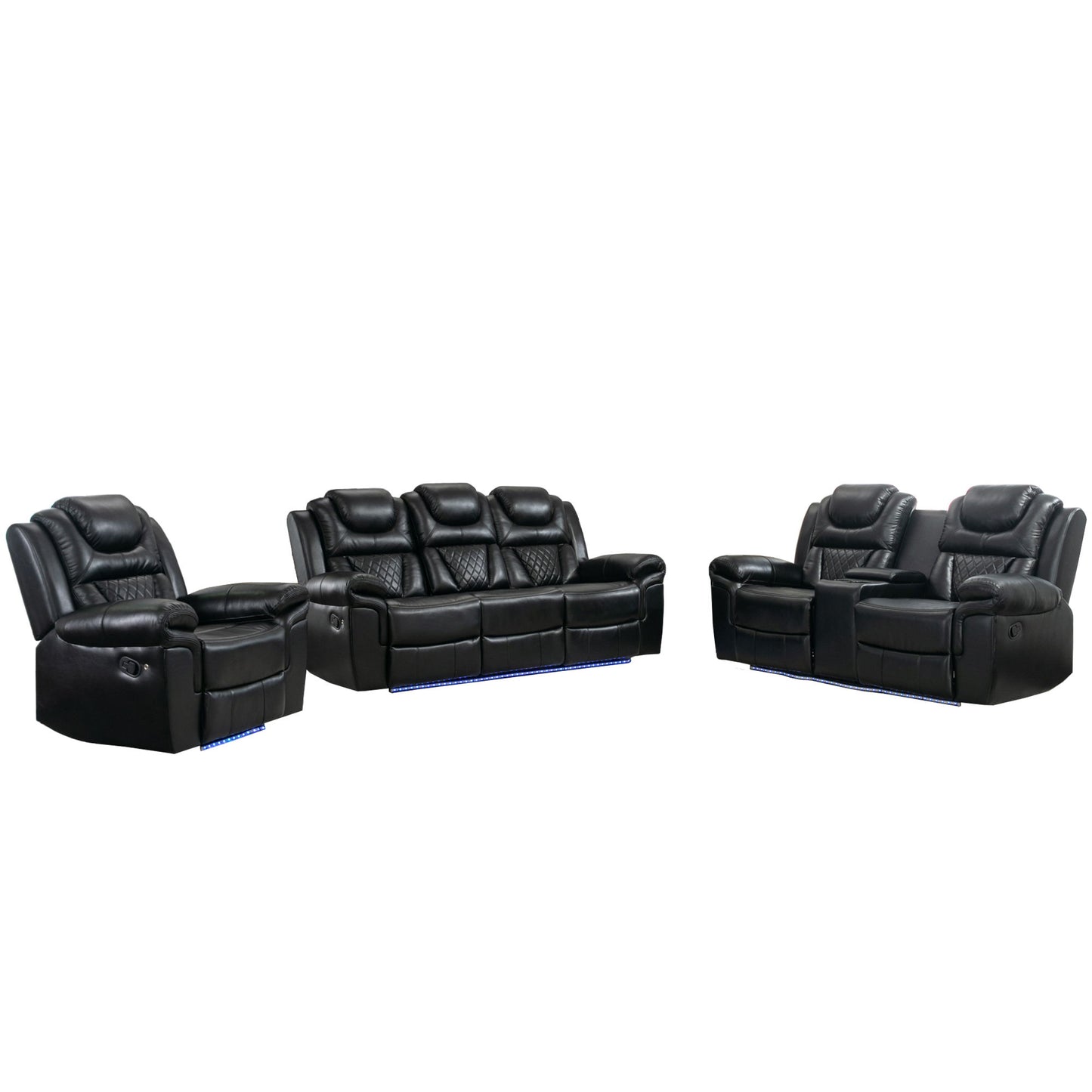 3 Pieces Recliner Sofa Sets Home Theater Seating Manual Recliner Chair With Center Console And LED Light Strip For Living Room