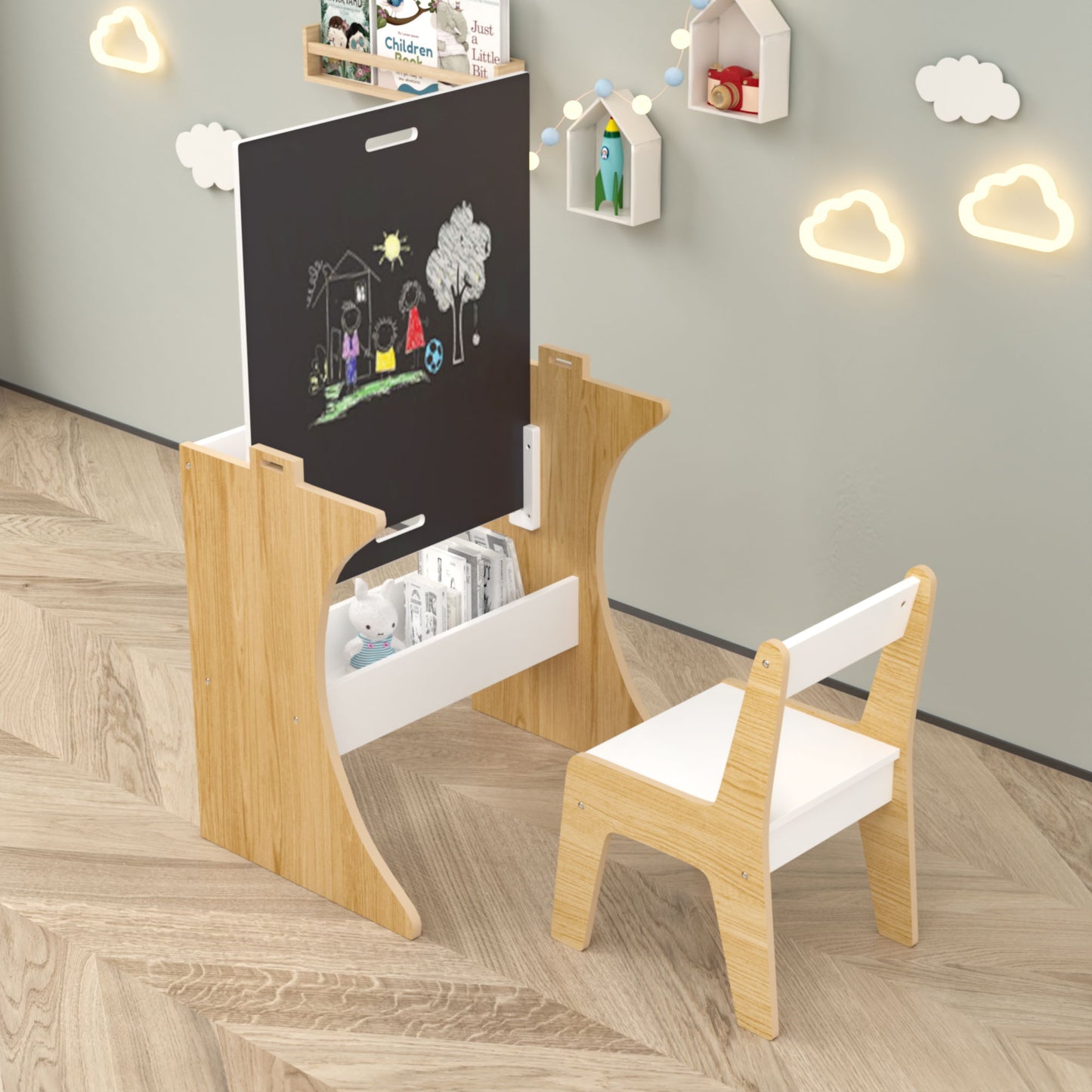 Table Set With 1 Chair, Multifunctional Study Table Convertible Top For Study Drawing & Play - White