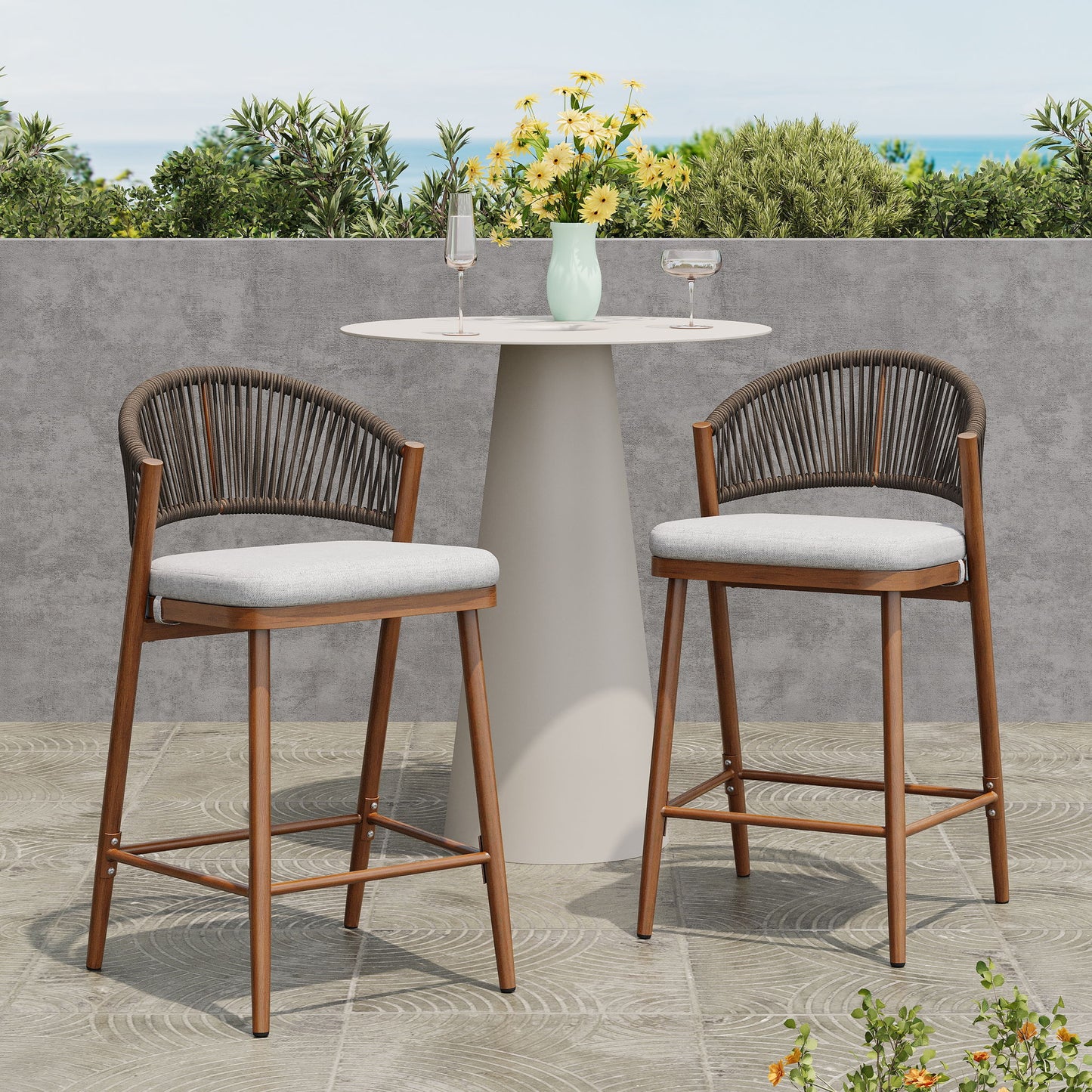 Outdoor 26" Counter Height Metal Frame Counter Stools With Scallop Shaped Backrest & Water Resistant Cushions
