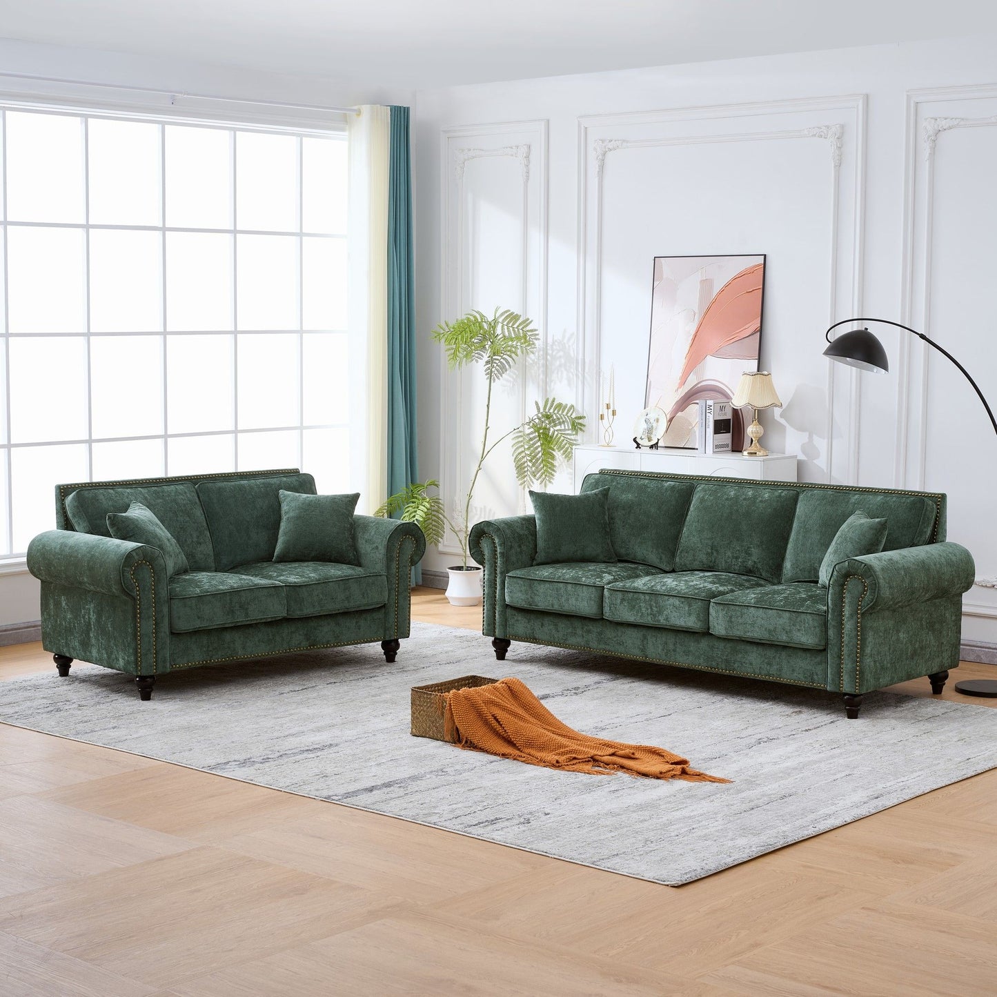 Modern 3 And 2 Seater Sofa With Rolled Arms, Tufted Upholstered Couch
