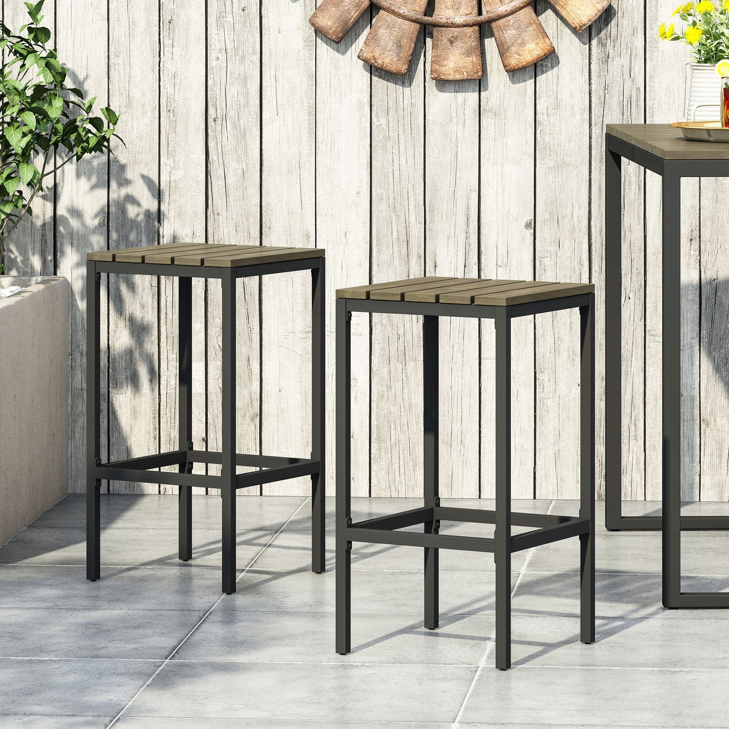 Outdoor Bar Stool With Slat Design And Metal Frame (Set of 2)