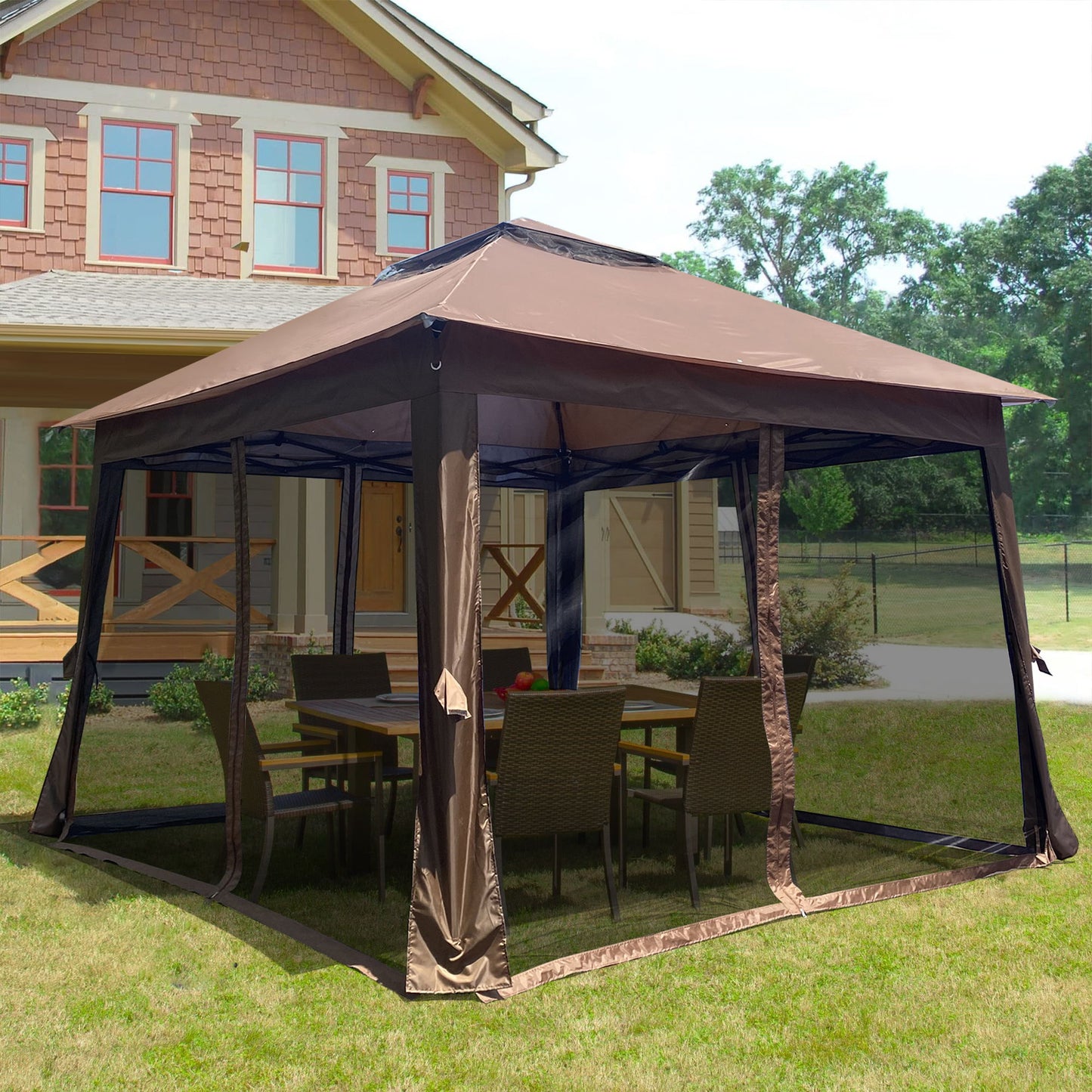 Outdoor Pop Up Gazebo Canopy With 2 Tier Soft Top And Removable Zipper Netting