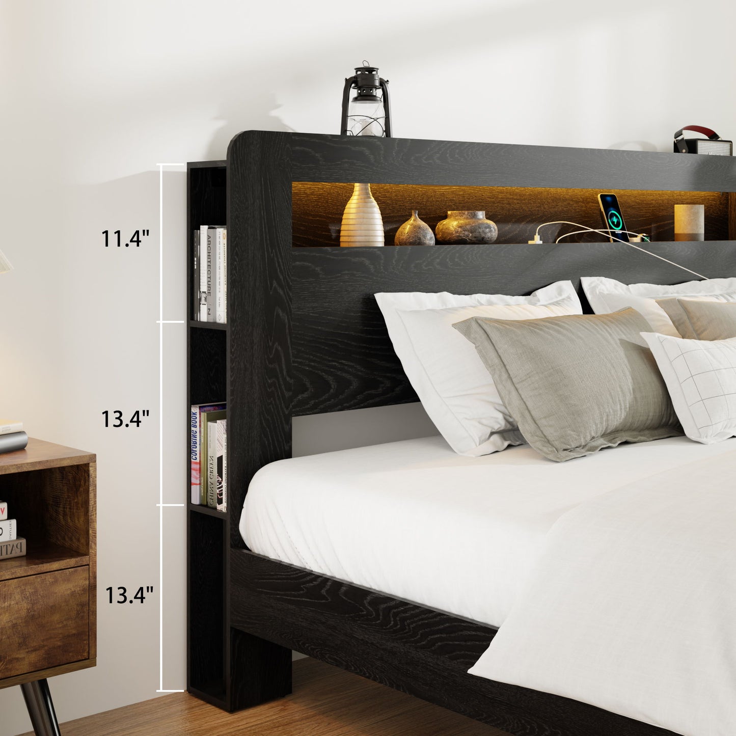 Wood Platform Bed Frame With Storage LED Light Headboard & USB