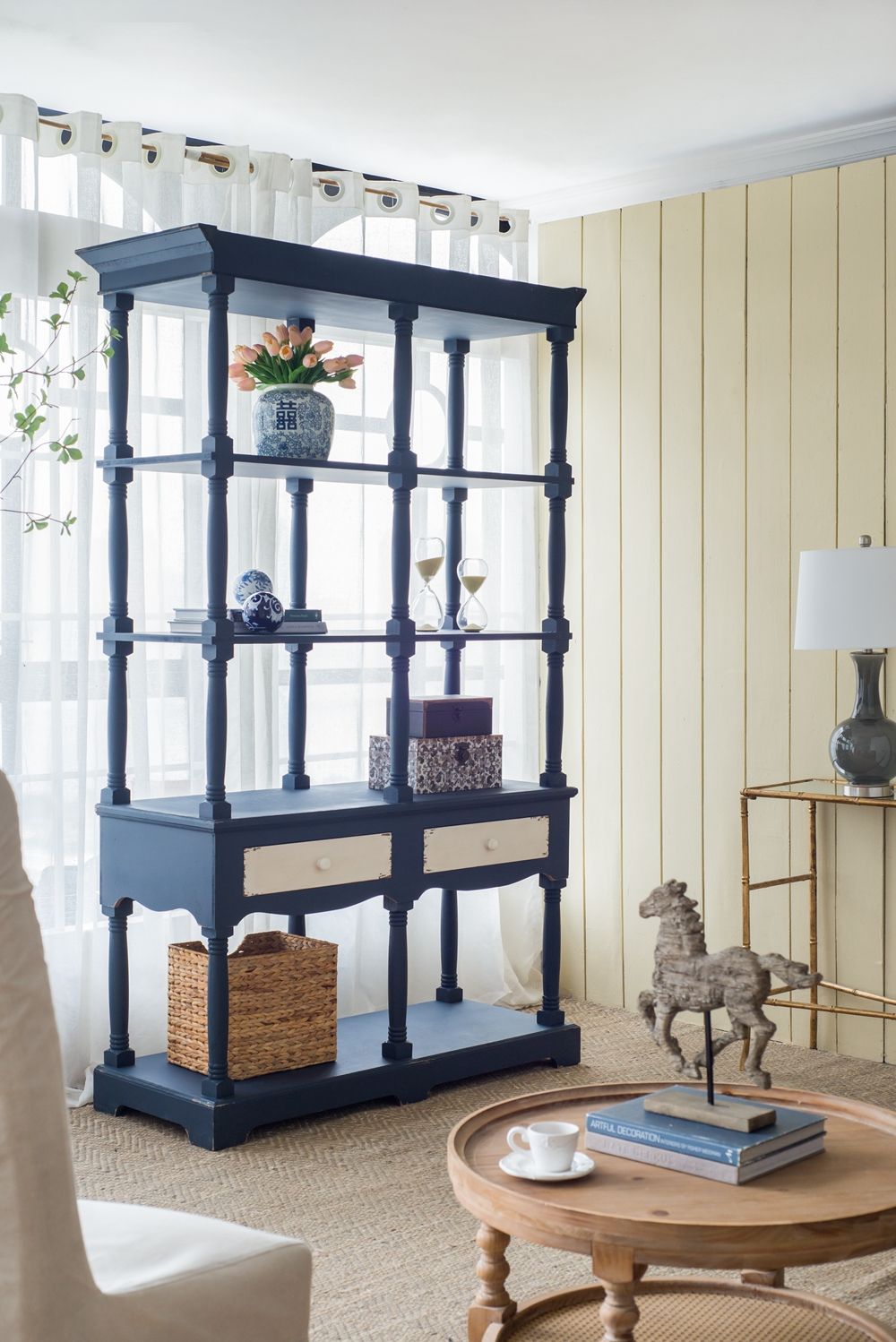 4 Tiered Wooden Shelf With Two Drawers, Farmhouse Wood Bookcase Display Storage Shelf Etageres - Antique Navy Blue