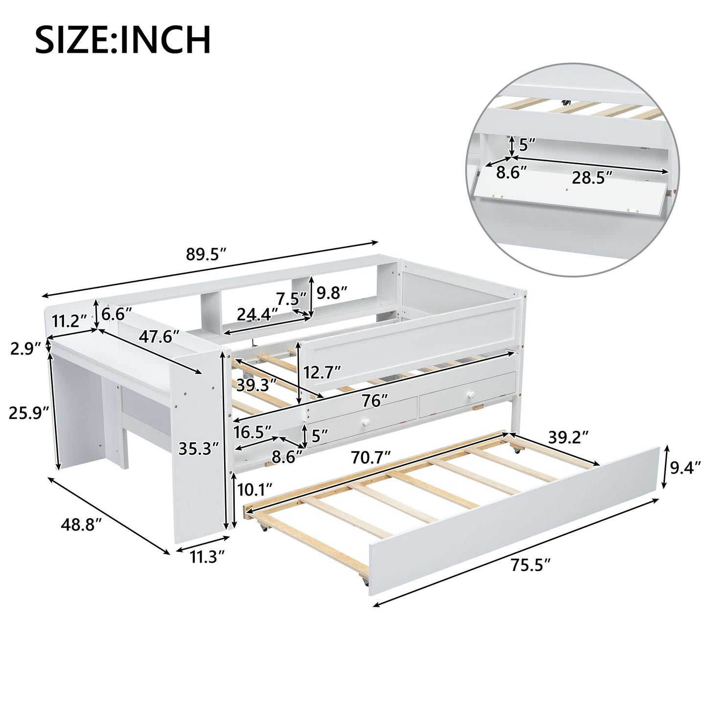 Twin Daybed With Drawers, Trundle, Headboard Storage, Study Desk, And USB Charging Station - White