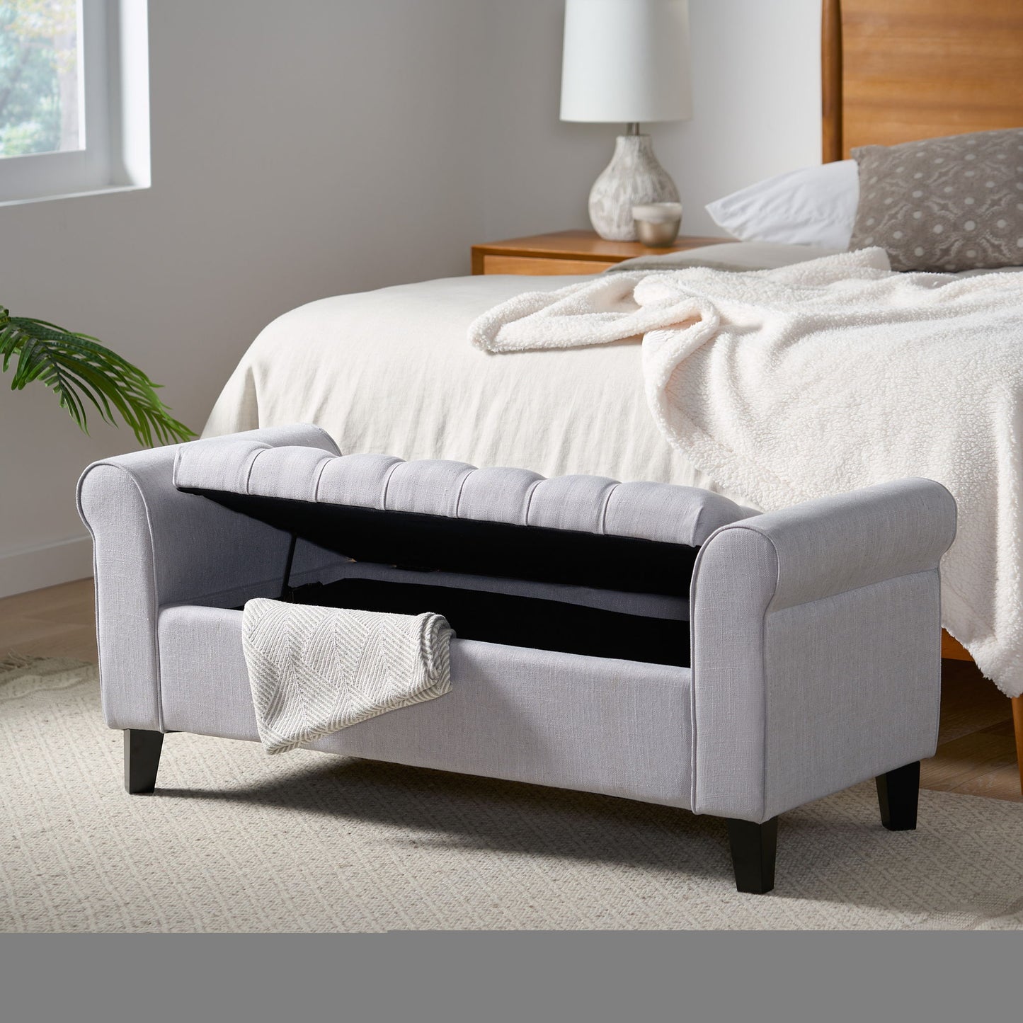Hayes - Contemporary Armed Storage Bench With Button Tufting And Rolled Arms