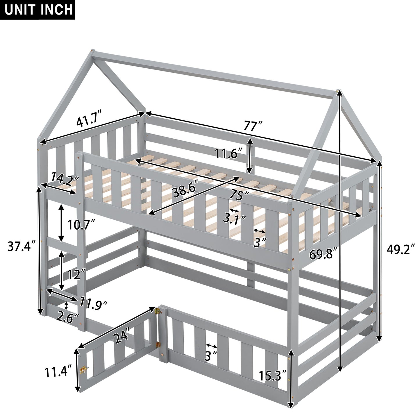 Twin Over Twin House Bunk Bed With Fence And Door