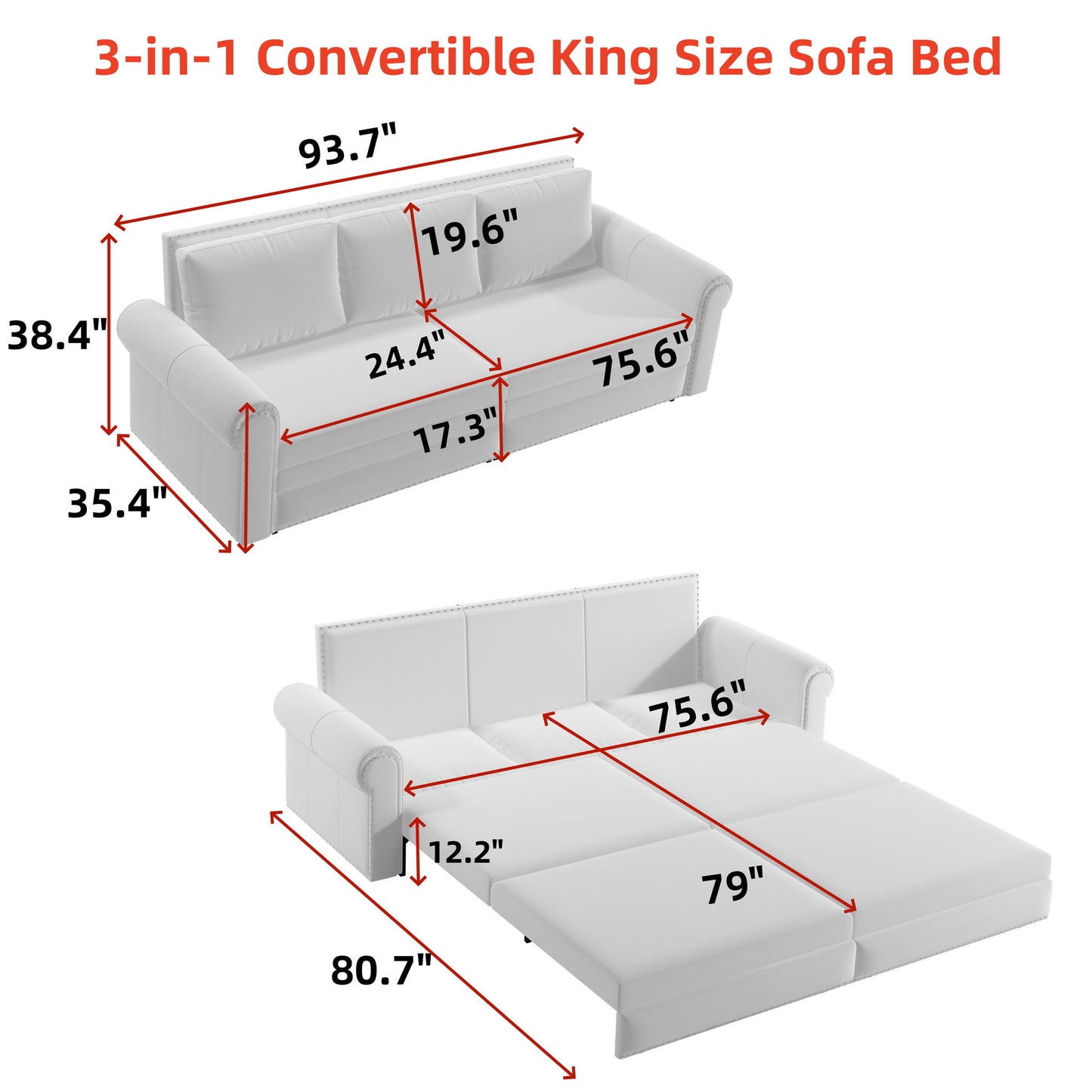 Pull Out Sofa Bed 3 In 1 Velvet Convertible Sleeper Sofa With Nailhead Trim & Rolled Arm, Multi Functional