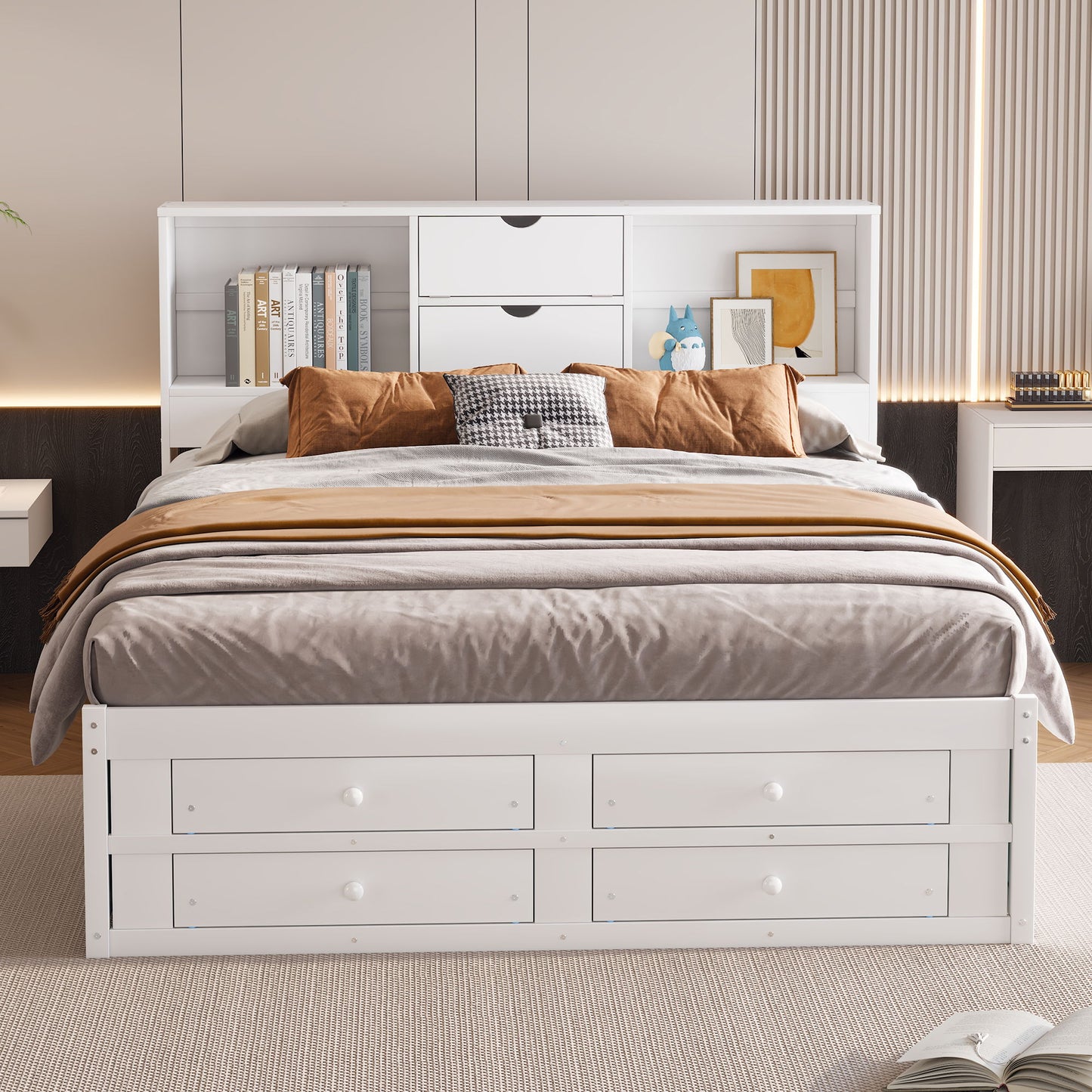 Queen Size Platform Bed With Storage Headboard And 8 Drawers - Gray