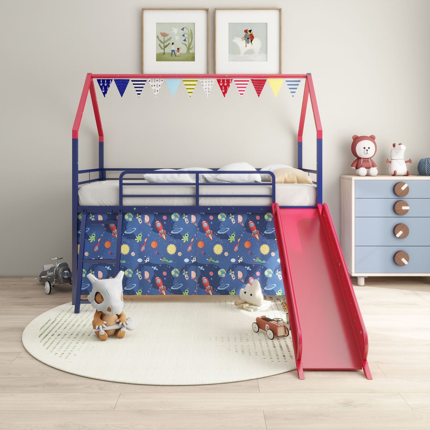 Jack - House Loft Bed With Slide And Curtain Set