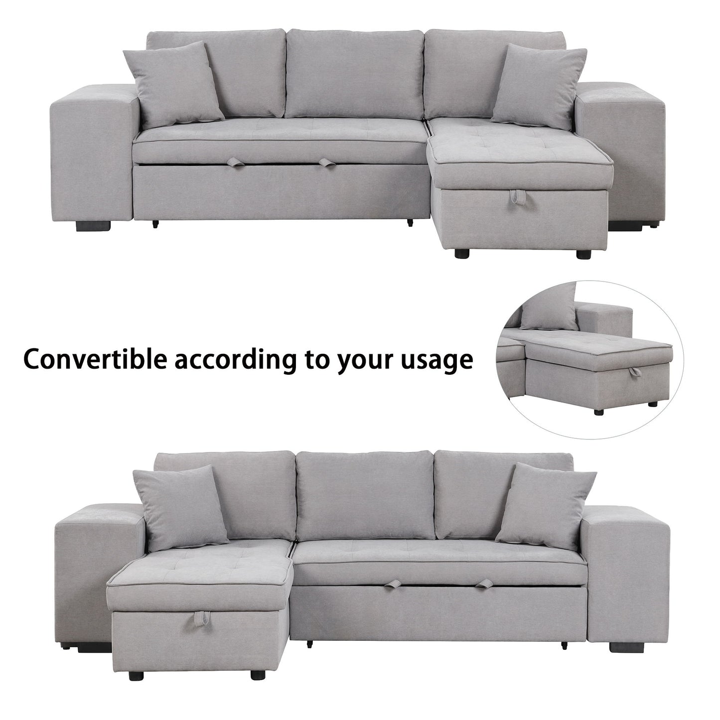 Modern L-Shape 3 Seat Reversible Sectional Couch, Pull Out Sleeper Sofa With Storage Chaise And 2 Stools For Living Room Furniture Set