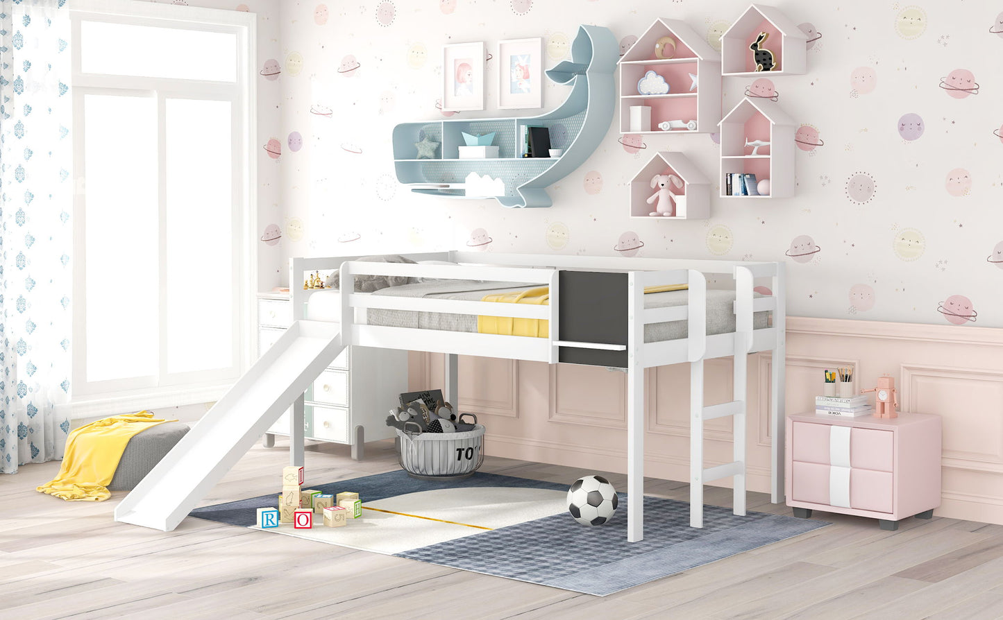 Loft Bed With Slide, Stair And Chalkboard