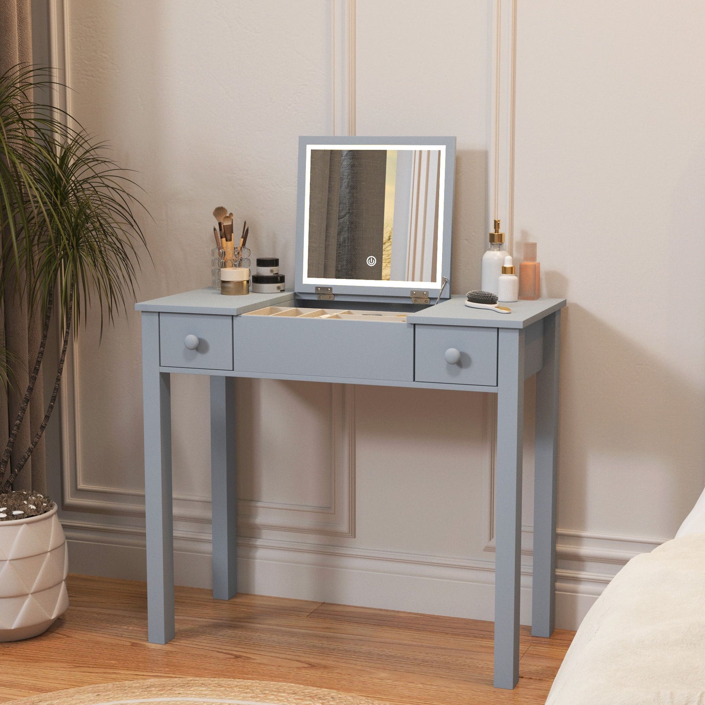 Vanity Table With LED Lights, Flip-Top Mirror And 2 Drawers, Jewelry Storage
