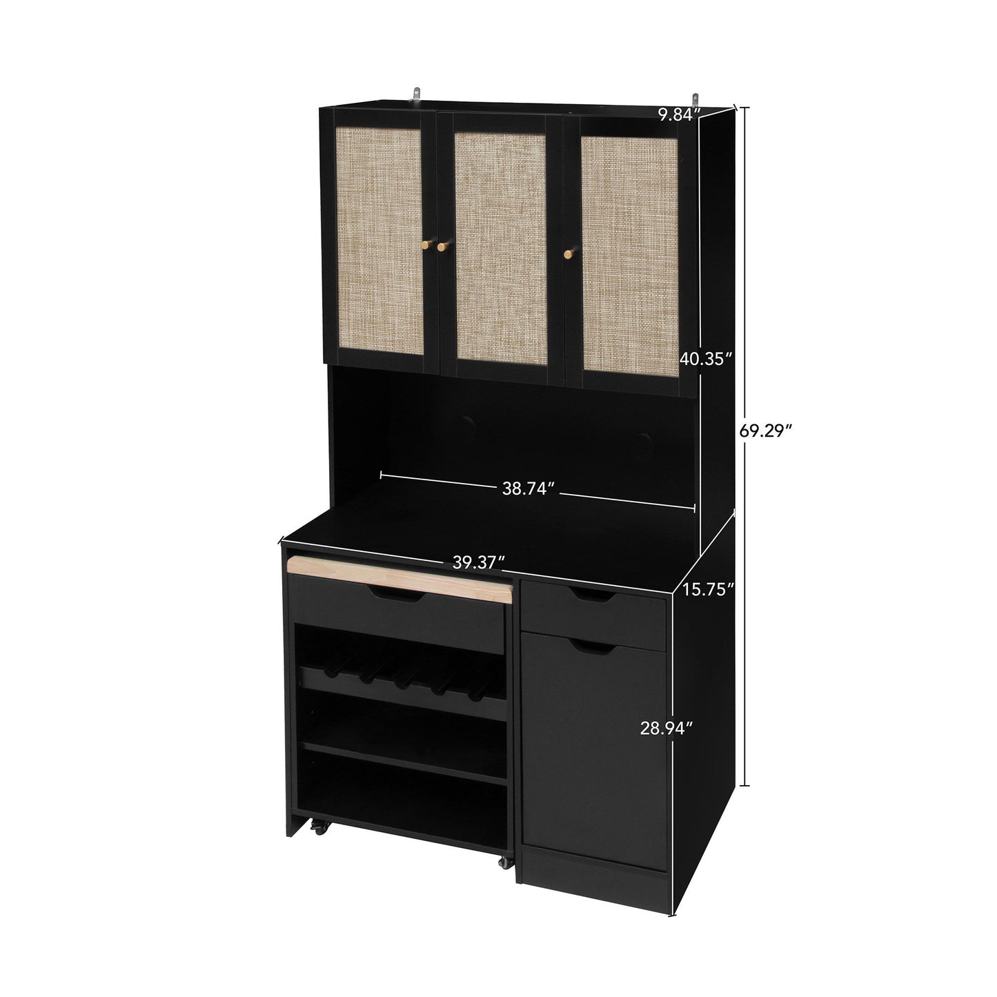 Kitchen Pantry Storage Cabinet, Modern Buffet Cabinet With Kitchen Cart, Tall Kitchen Hutch Cabinet With Microwave Stand, Food Pantry Cabinet With 3 Rattan Doors And Adjustable Shelves - Black