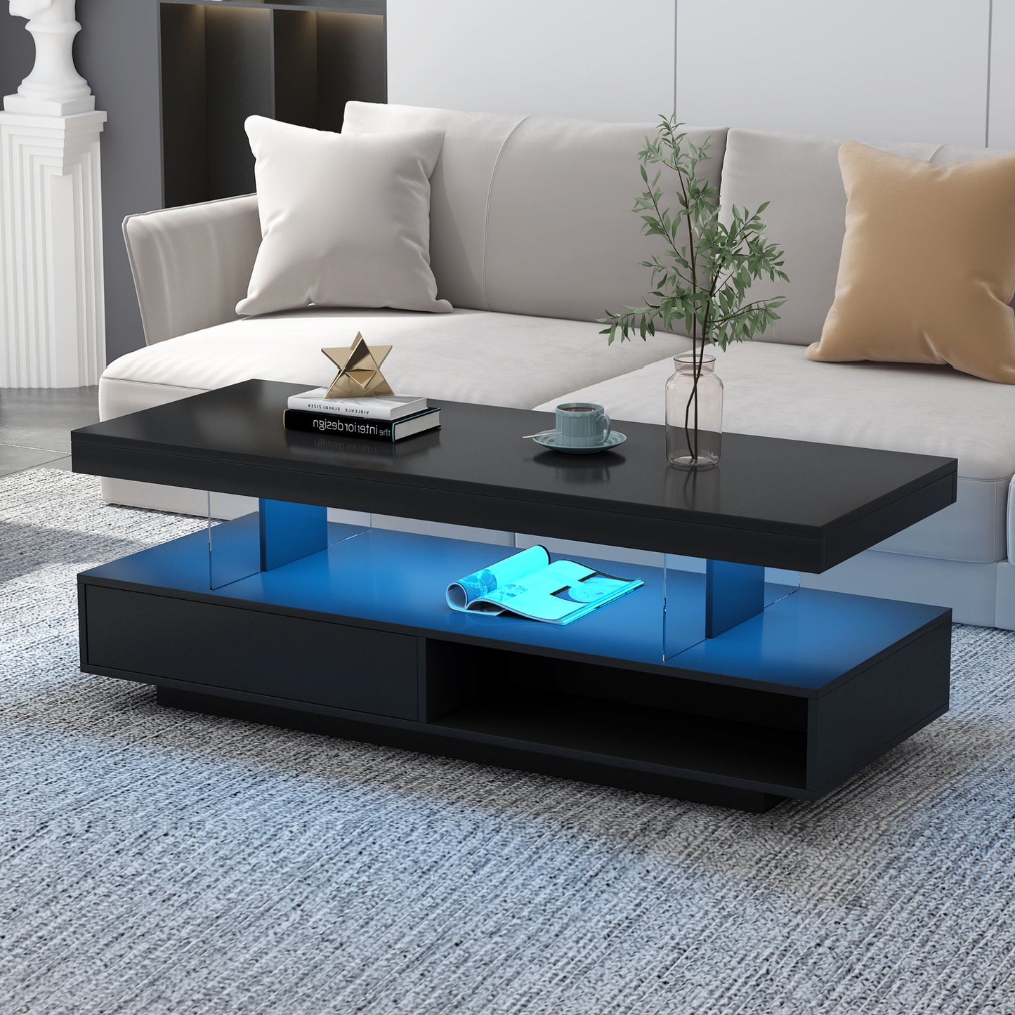 LED Coffee Table With 2 Drawers And Display Shelves