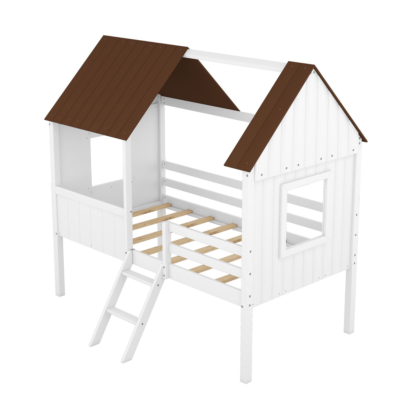 Low Loft Wooden House Bed With Two Side Windows