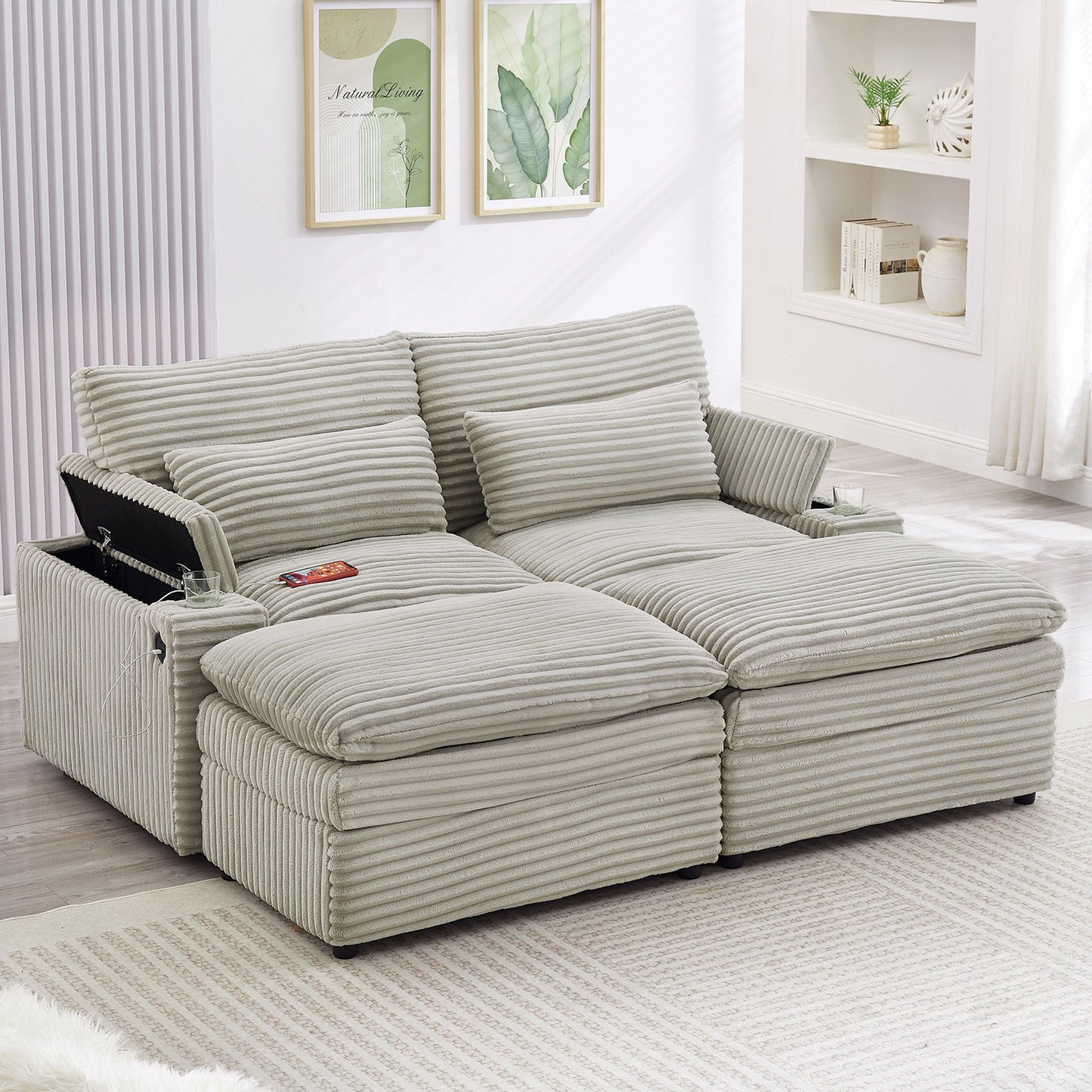 Loveseat Sofa Sectional Convertible With Storage And USB Ports - Gray