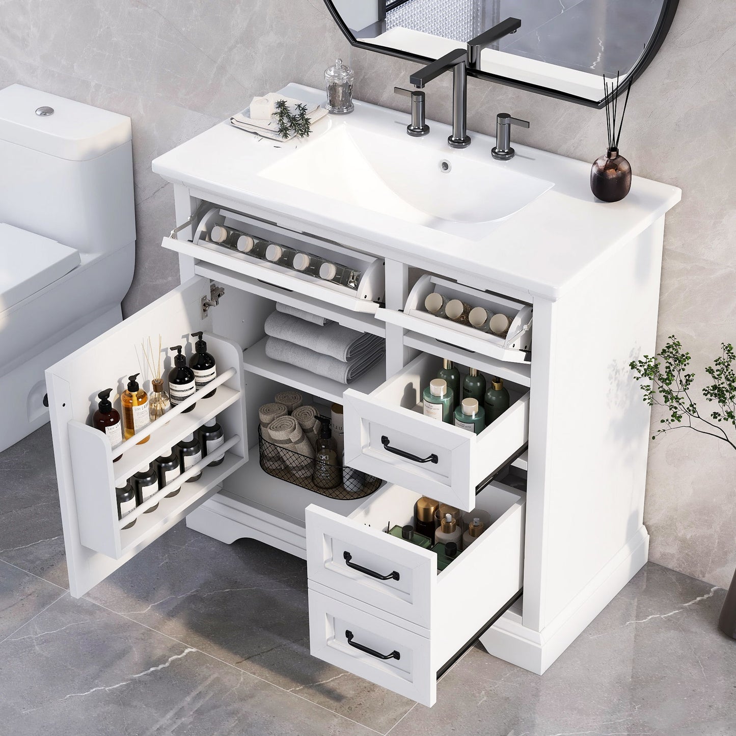 36" Bathroom Vanity With Sink, 2 Tip Out Drawers, Soft Close Hinges