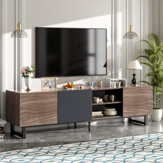 Modern TV With 3 Cabinets & Open Shelves, Color-Matching Media Console Table For Tvs Up To 80'', Entertainment Center With Drop Down Door For Living Room - Dark Brown