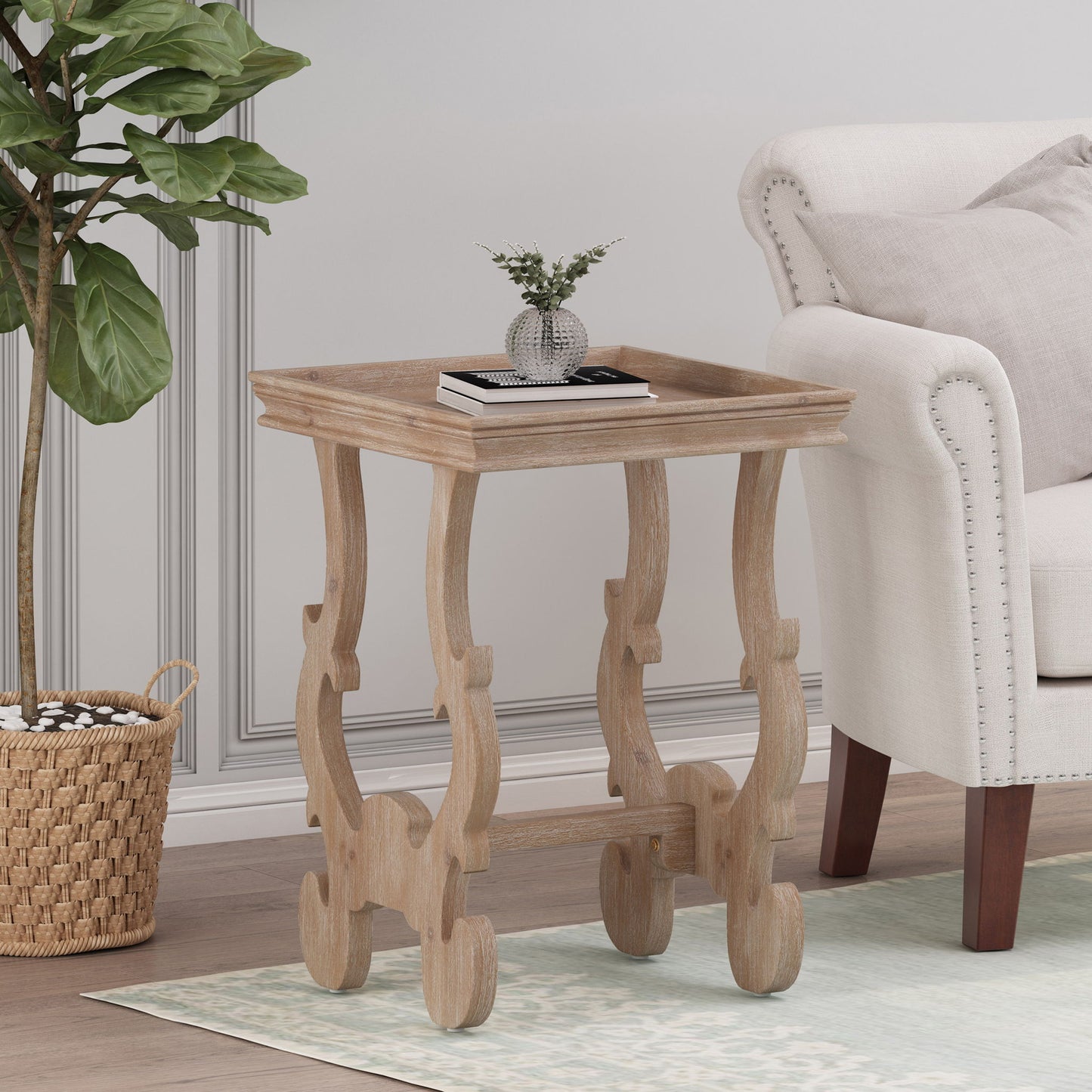 French Country Style Accent Table With Ornate Stretcher Base - Natural